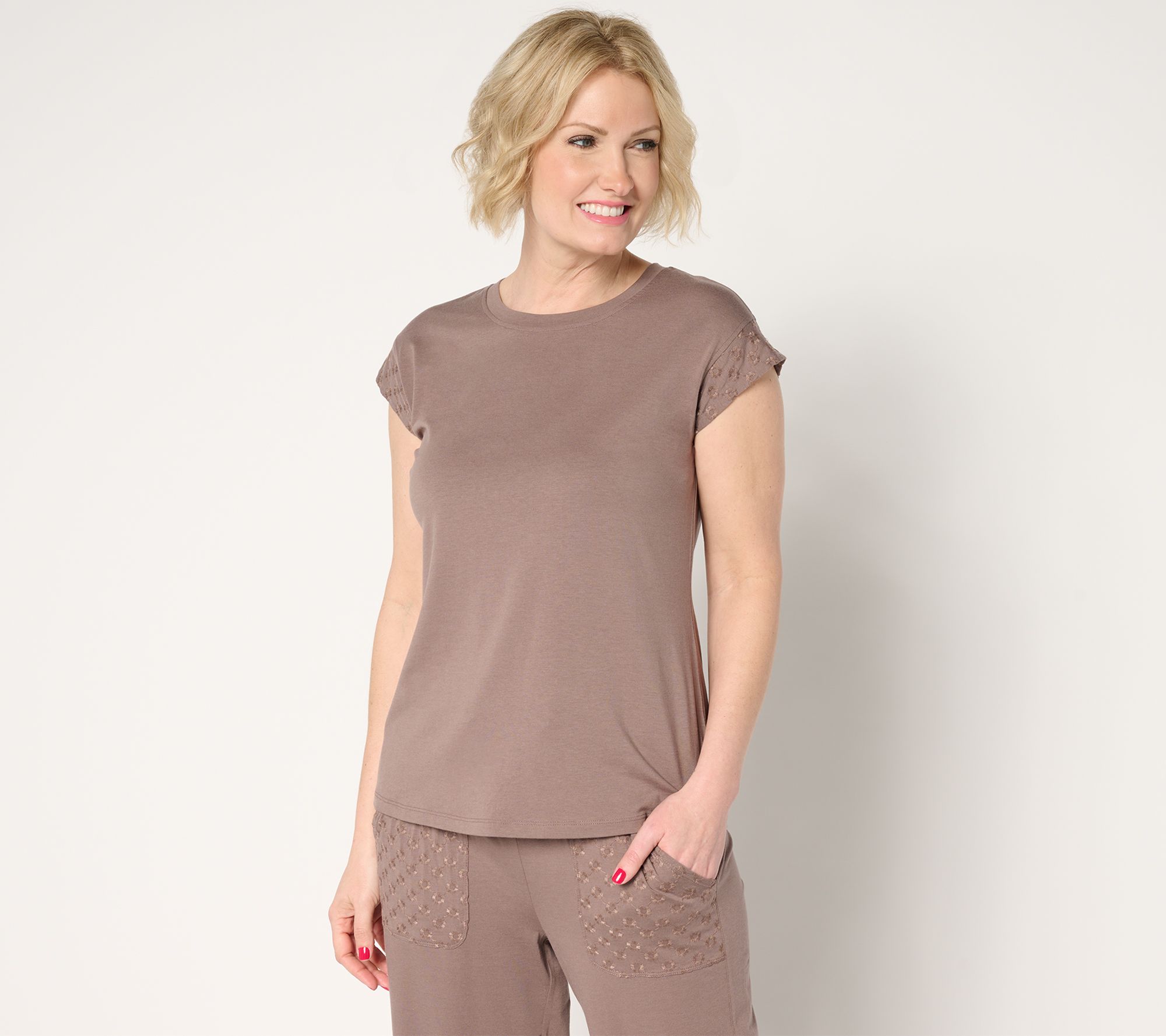 AnyBody Cozy Knit Cap Sleeve T-Shirt with Embroidery