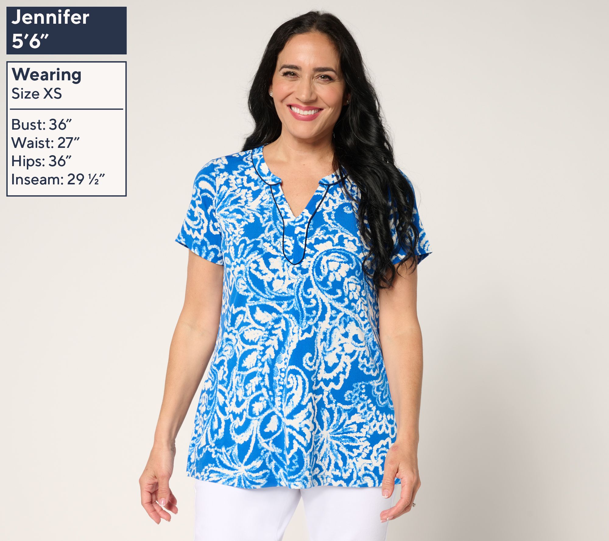 Susan Graver Regular Printed Liquid Knit Split-Neck A-Line