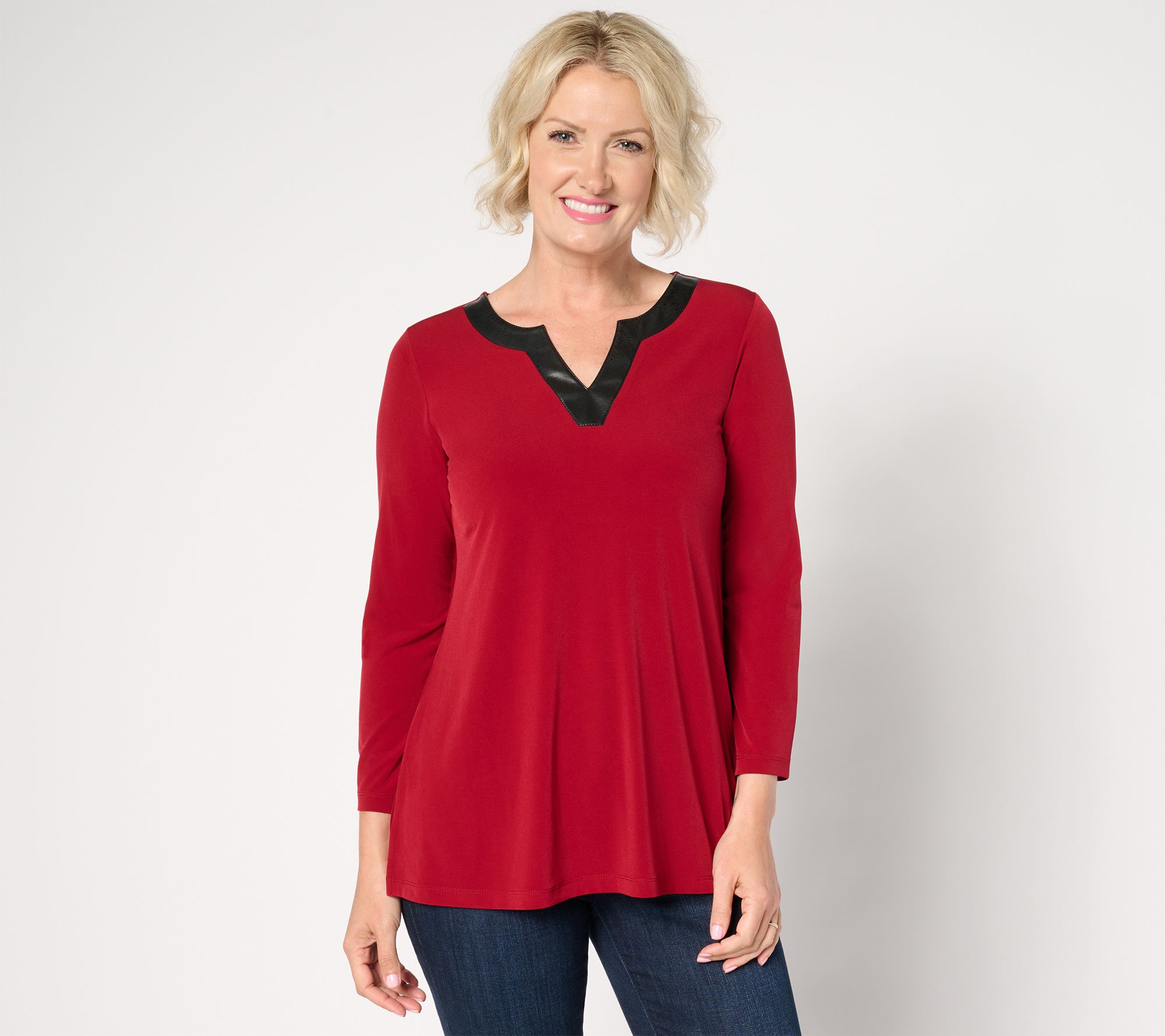 "As Is" Susan Graver Petite Liquid Knit A-Line Tunic w/ Faux Leather