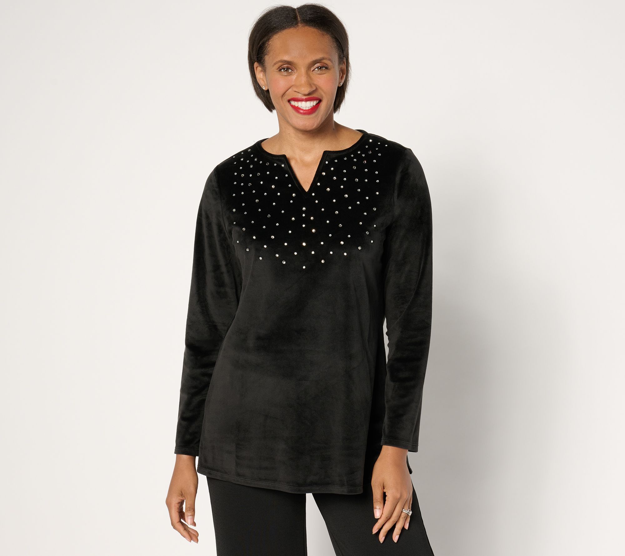 "As Is" Quacker Factory Sparkle & Shine Split Neck Long Sleeve Tunic