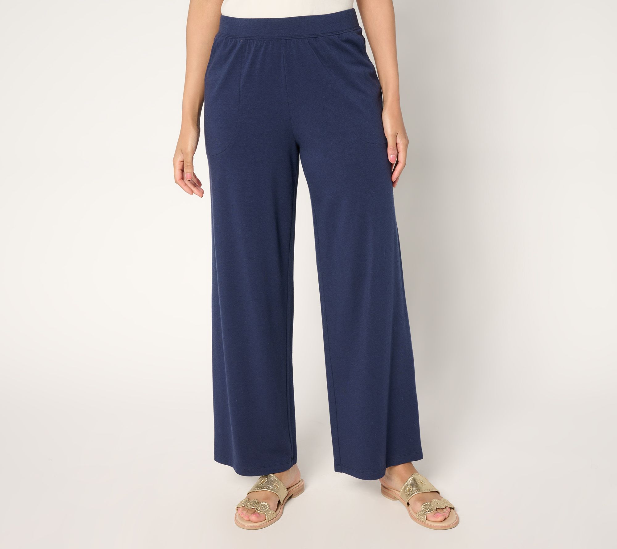 "As Is" Denim & Co. Beach Jersey Petite Full Length Wide Leg Pant