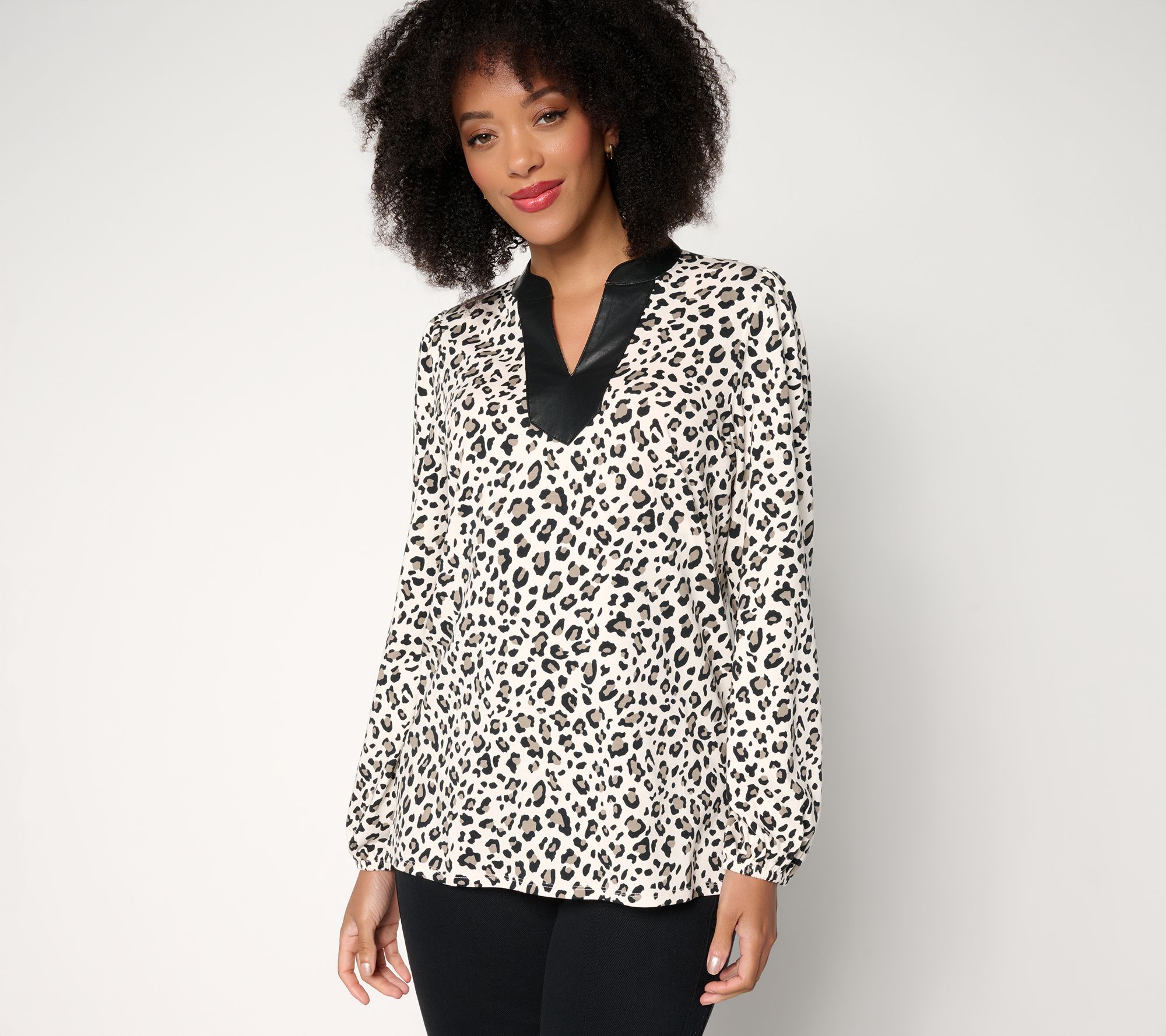 Belle by Kim Gravel Faux Leather Trim Leopard Top
