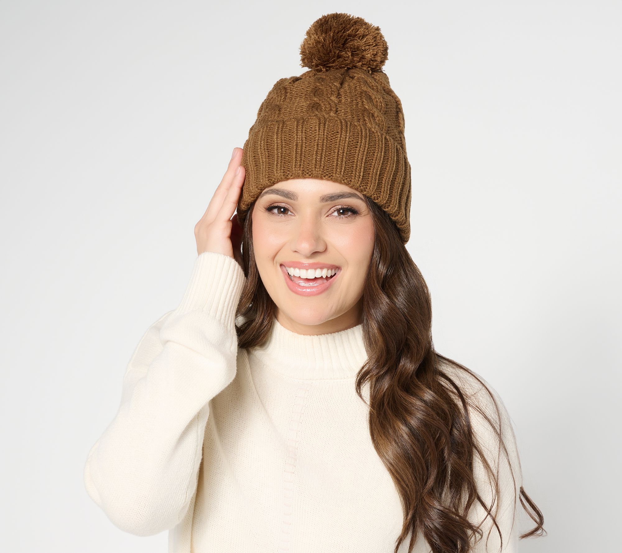 Susan Graver Cable Knit Cuffed Hat with Pom Pom