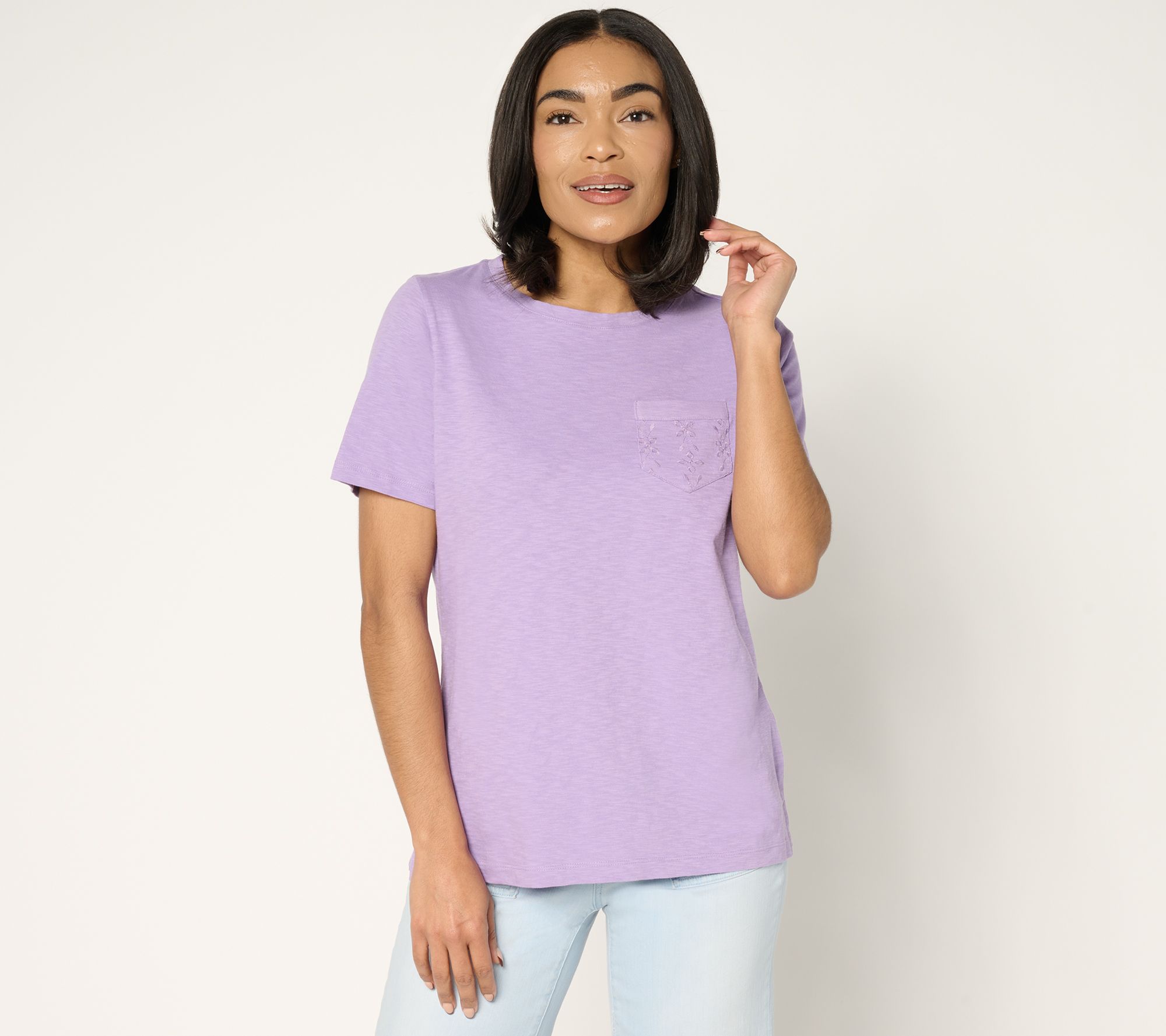 "As Is" Denim & Co. 100% Cotton Short Sleeve Top with Eyelet Pocket