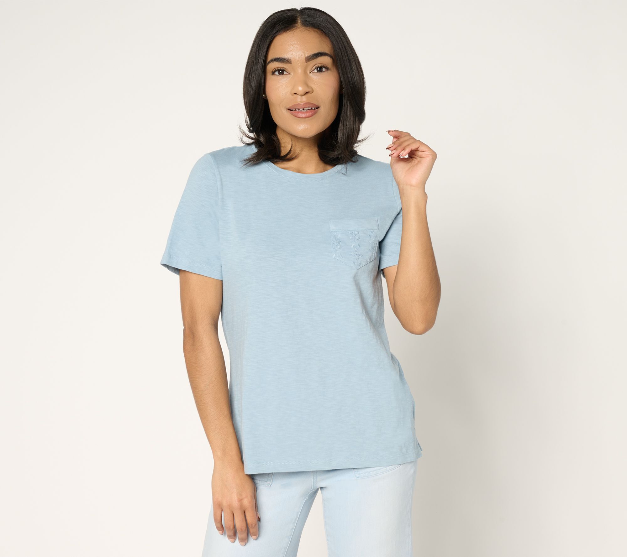 "As Is" Denim & Co. 100% Cotton Short Sleeve Top with Eyelet Pocket