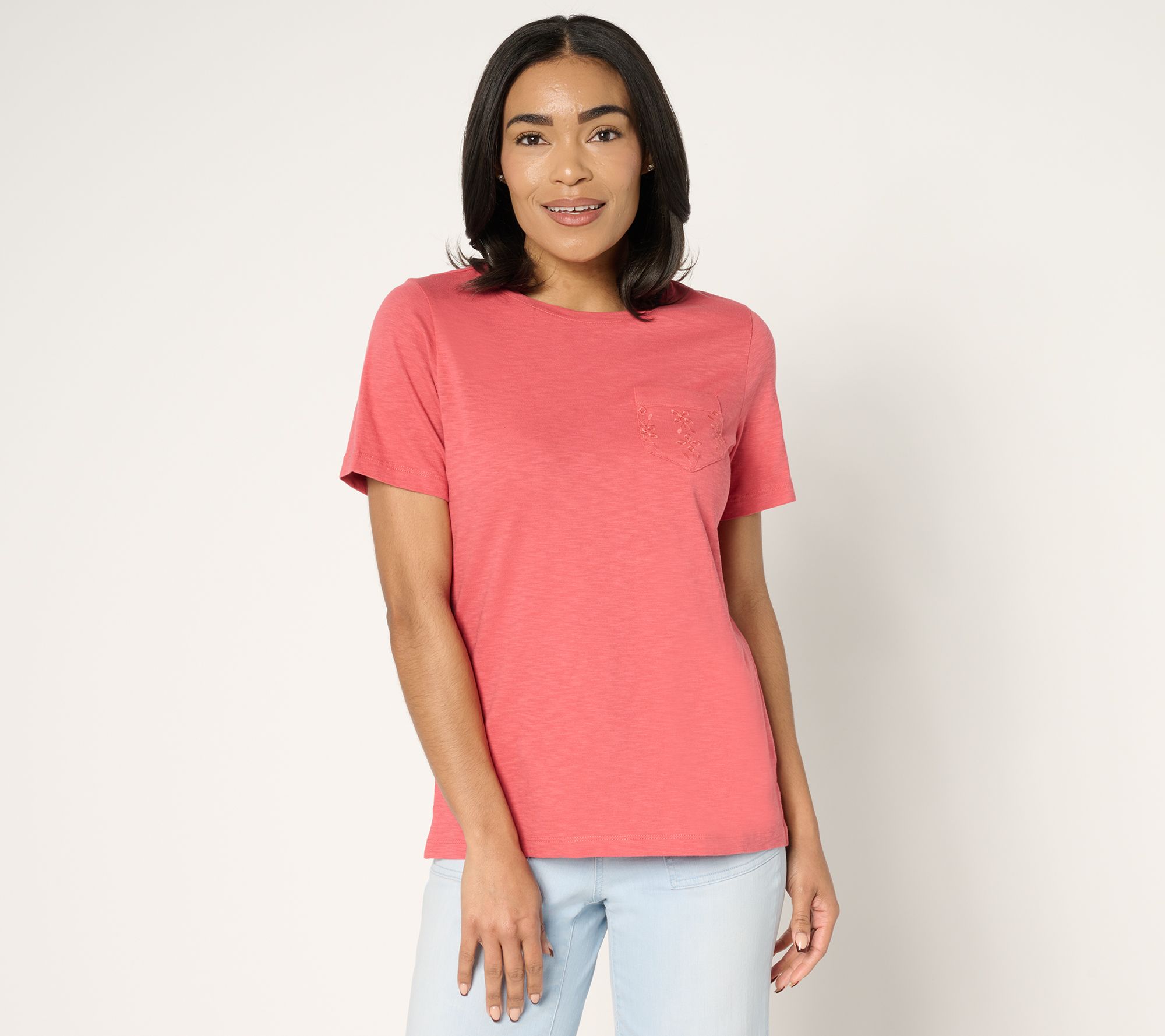 "As Is" Denim & Co. 100% Cotton Short Sleeve Top with Eyelet Pocket