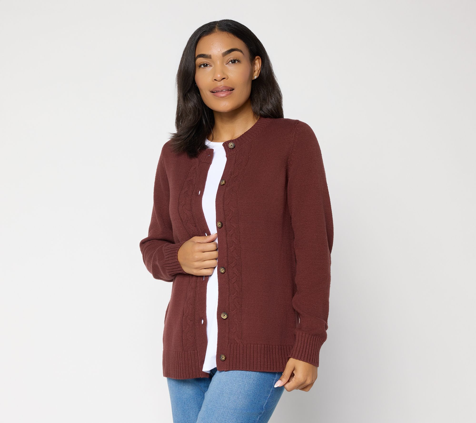 Denim & Co. Button Front Sweater Cardigan with Cable Detail
