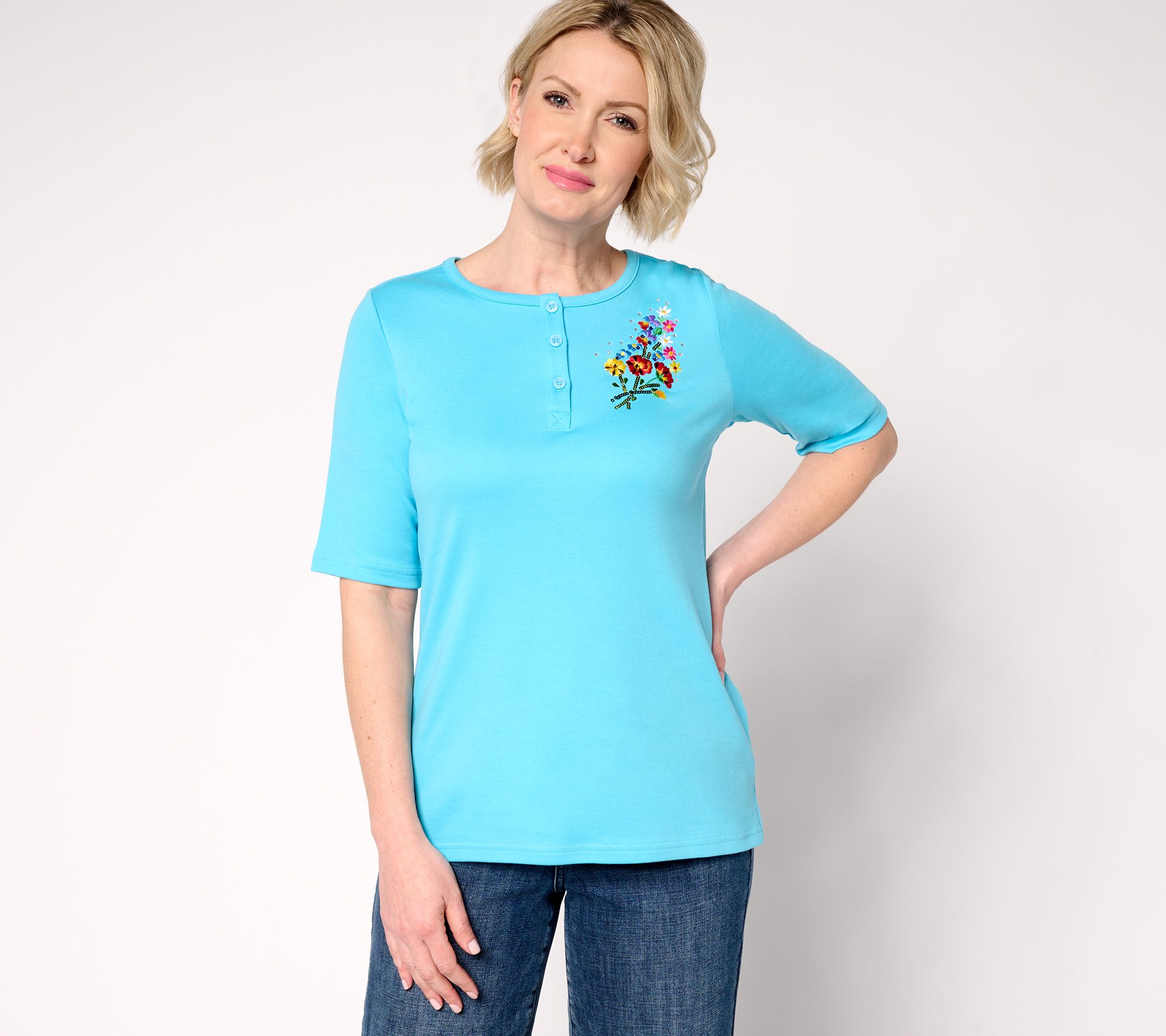 "As Is" Quacker Factory Tiny Garden Embroidered Henley w/ Cover