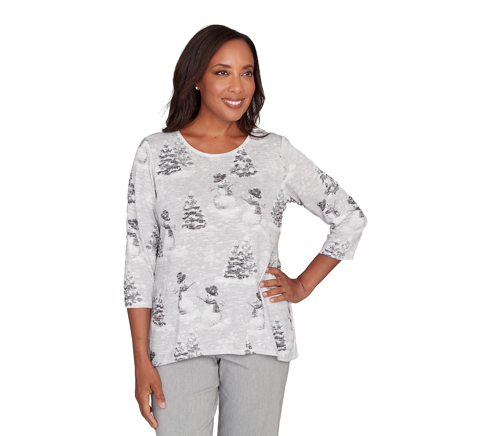 Alfred Dunner Petite Playful Snowmen Scene KnitTop