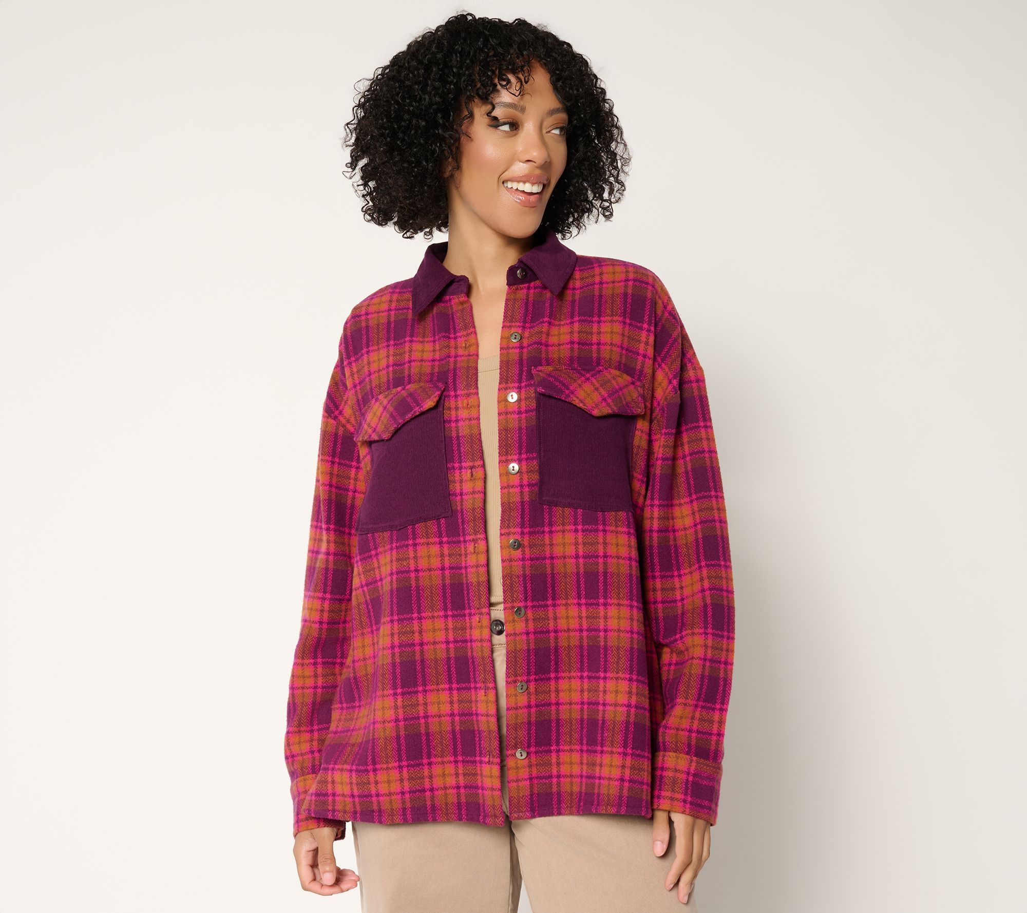 "As Is" Peace Love World Brushed Flannel Plaid Jacket w/ Corduroy Collar