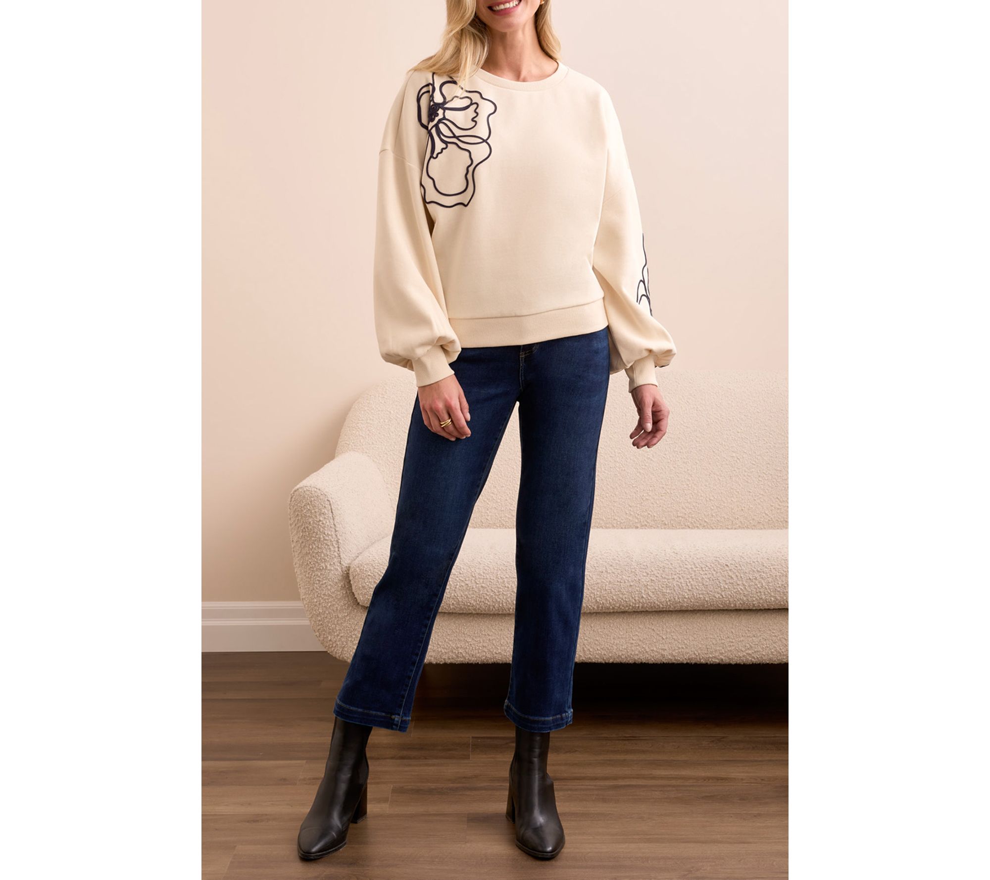 Tribal French Terry Embroidered Drop Shoulder Crew Neck Top