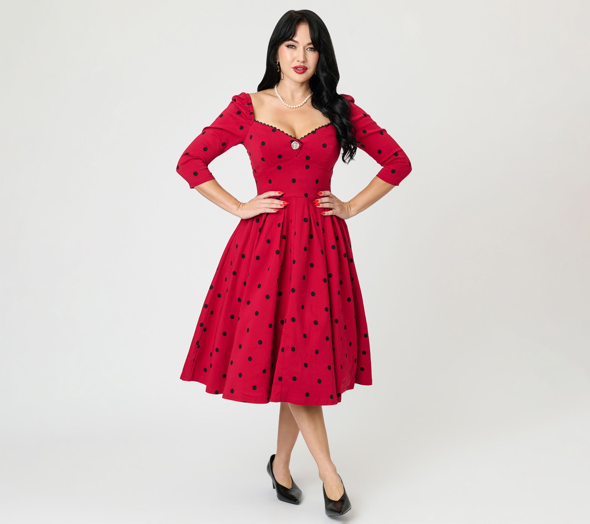 Unique Vintage Burgundy & Black Dot SweetheartSwing Dress