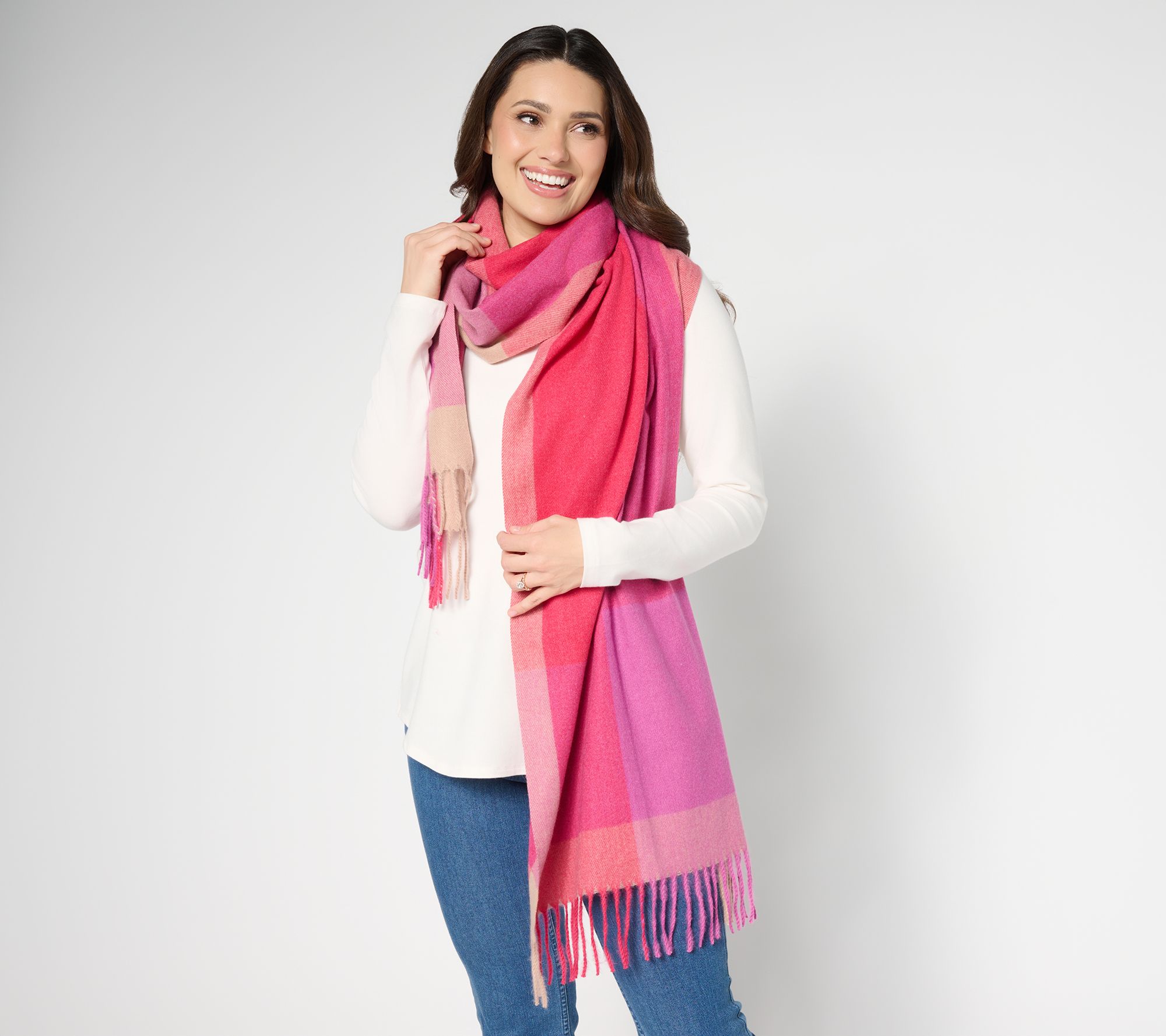 "As Is" Belle by Kim Gravel Color Block Check Scarf with Fringe