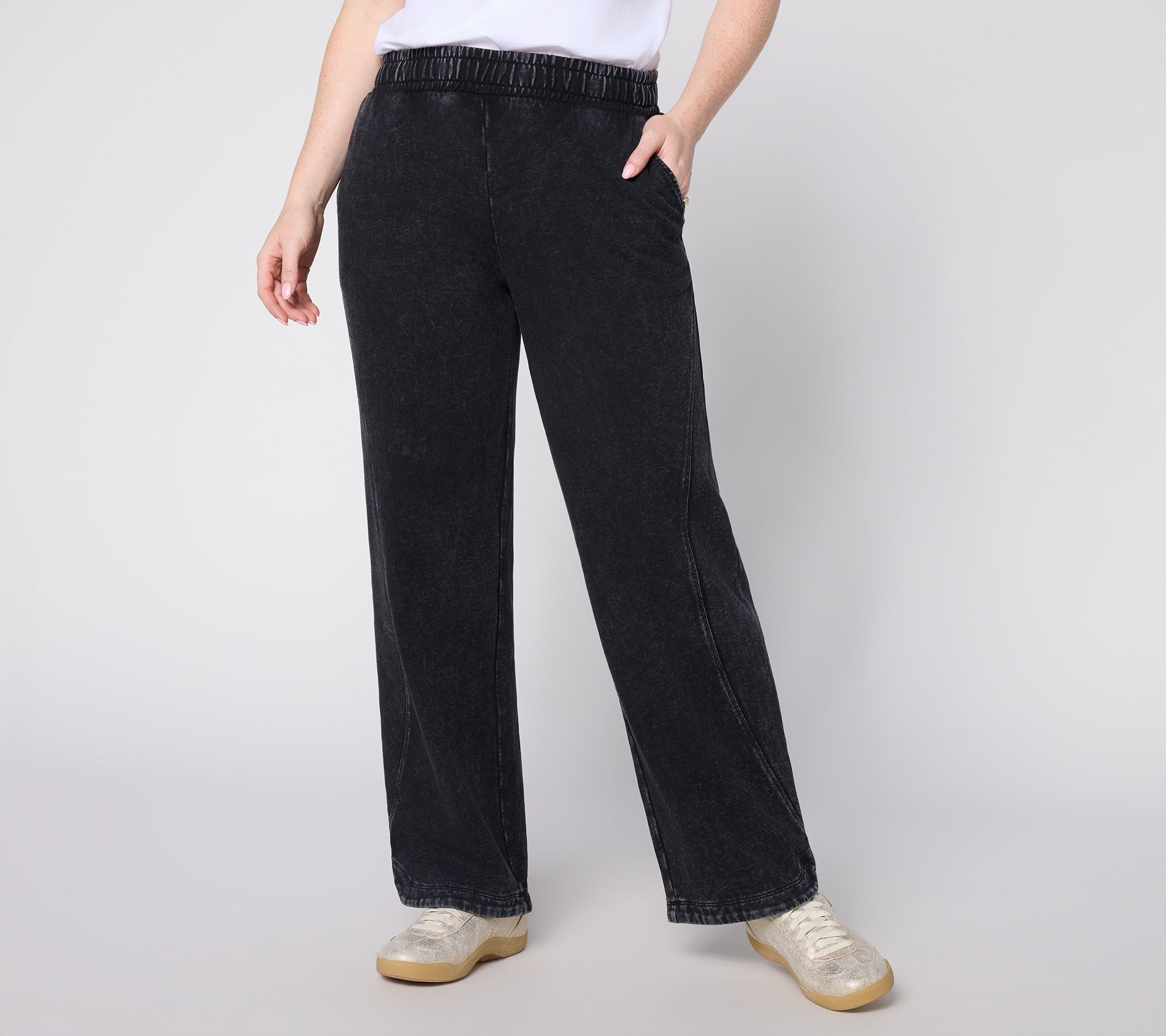 AnyBody Petite Washed French Terry Seamed Straight Leg