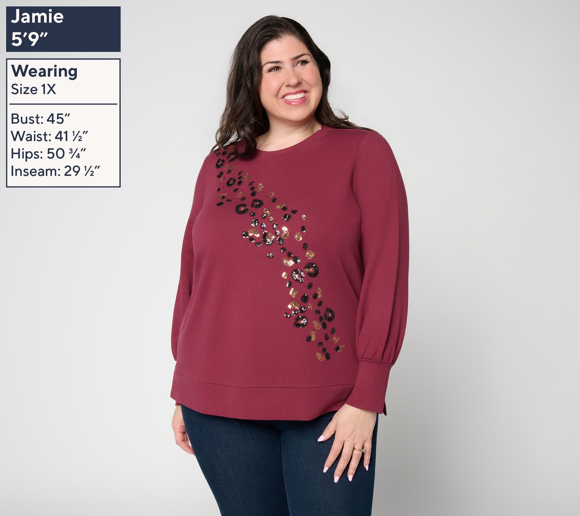 Belle by Kim Gravel French Terry Untamed Chic Sequin Trim Top | QVC