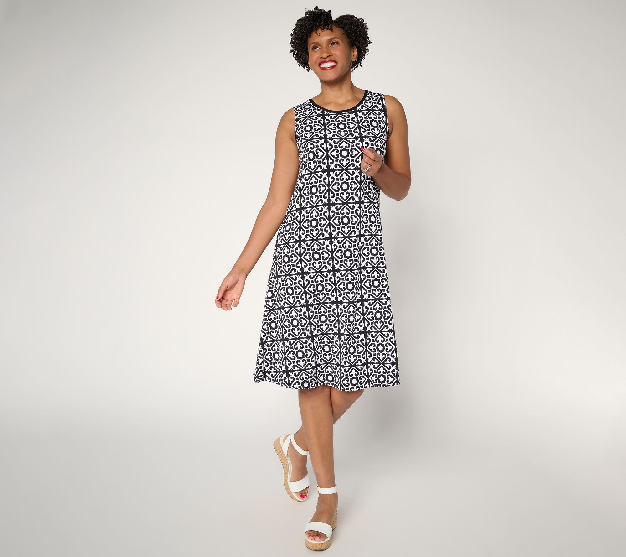 "As Is" Susan Graver Petite Printed Liquid Knit A-Line Dress-Black Tie