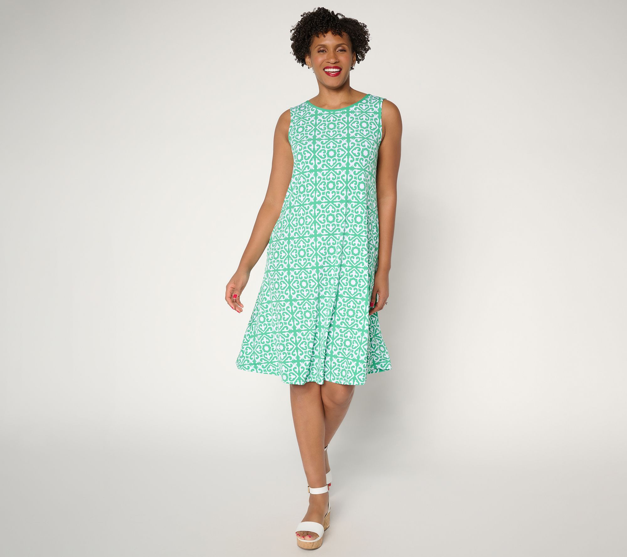 "As Is" Susan Graver Petite Printed Liquid Knit A-Line Dress-Black Tie