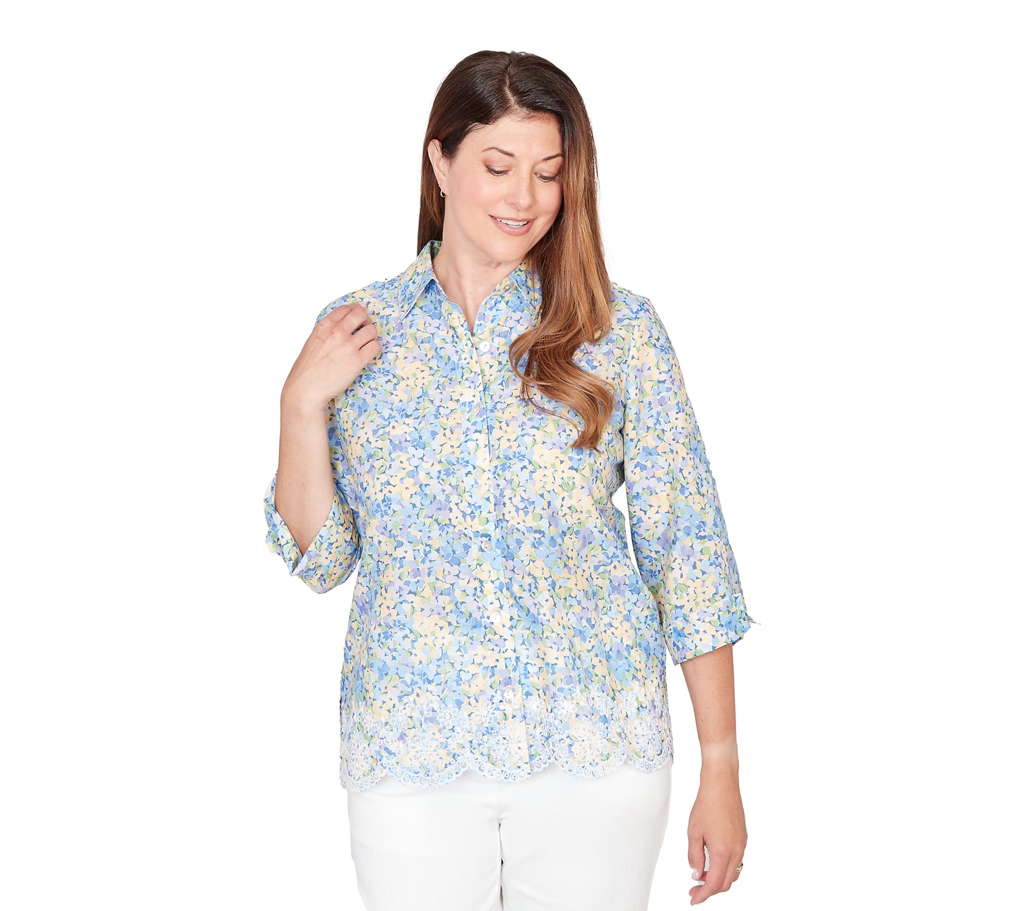 Alfred Dunner Petite Embroidered Button  FloralTop