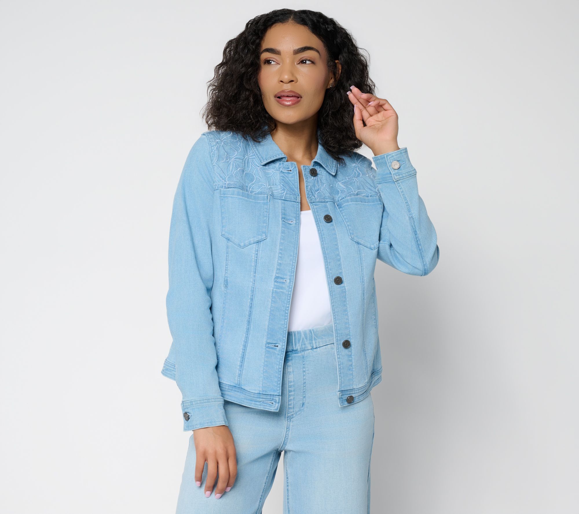 "As Is" Susan Graver Stretch Denim Jacket with Novelty Embroidery