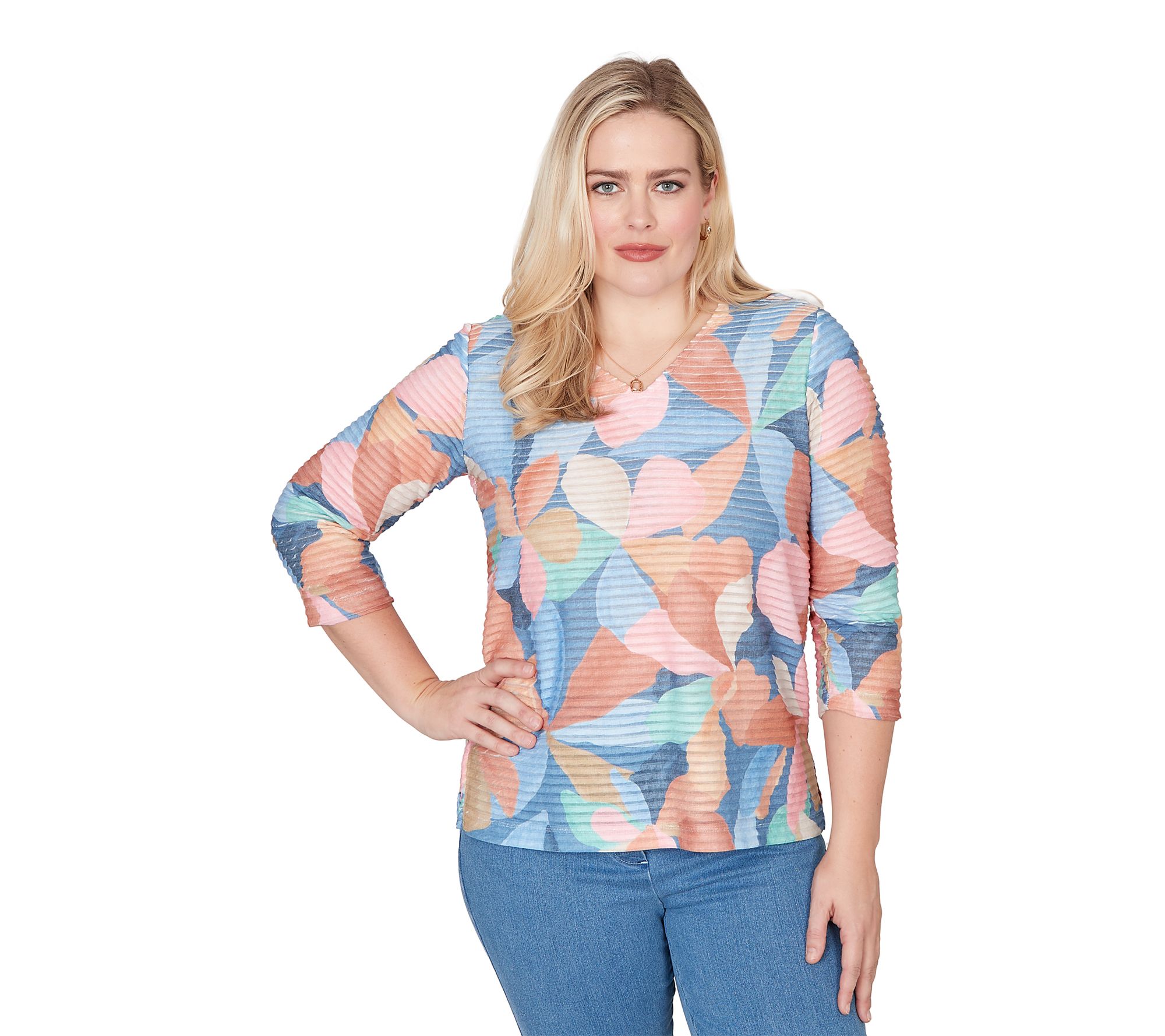 Alfred Dunner Petite Abstract Floral V Neck Top