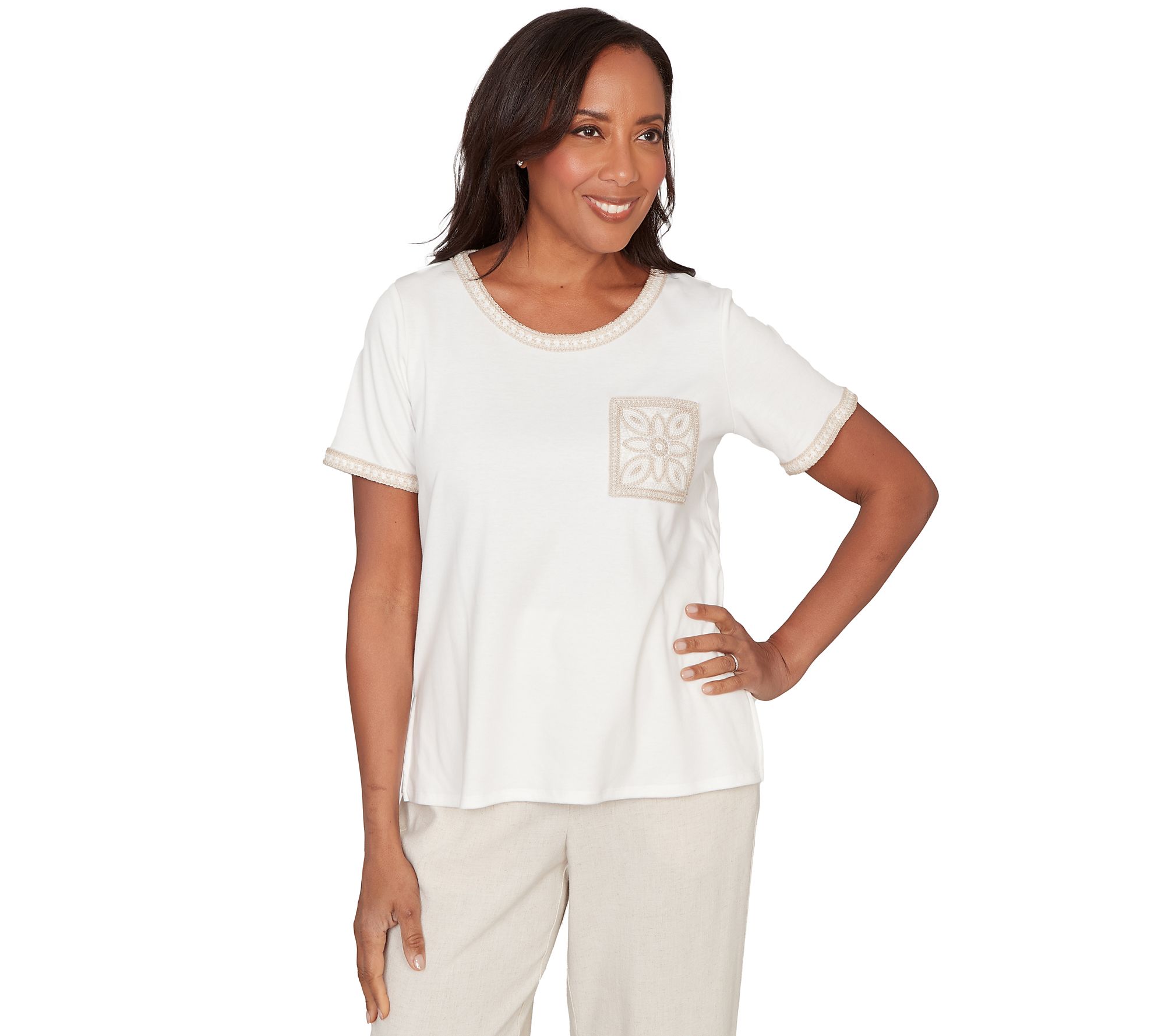 Alfred Dunner Petite Crochet Pocket Short Sleeve Tee