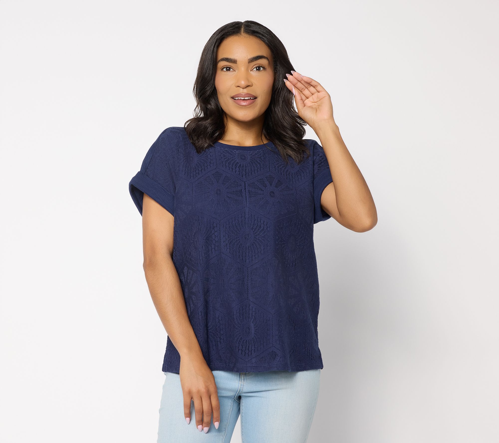 "As Is" Susan Graver Soleil Slub Lace Panel Top
