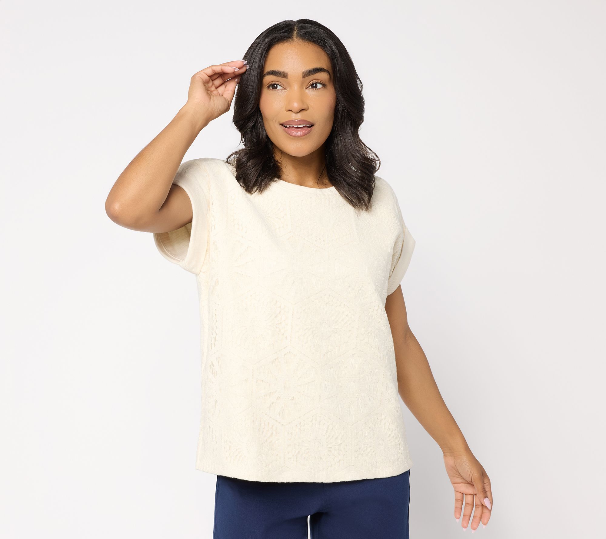 "As Is" Susan Graver Soleil Slub Lace Panel Top