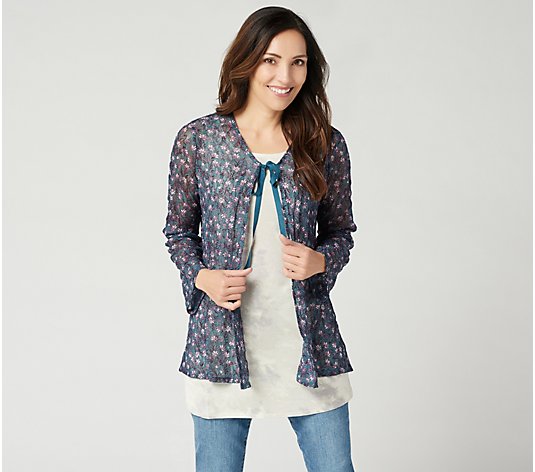 LOGO by Lori Goldstein Printed Sheer Lace Cardigan with Tie
