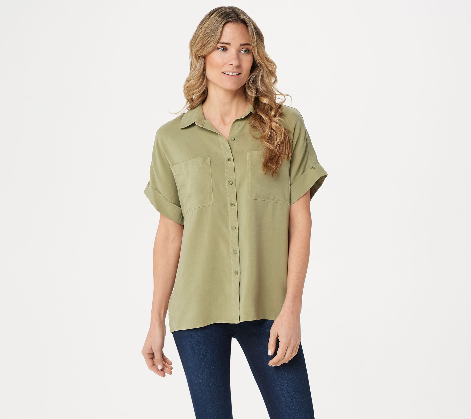 Side Stitch Tencera Button Front Short-Sleeve Top - QVC.com