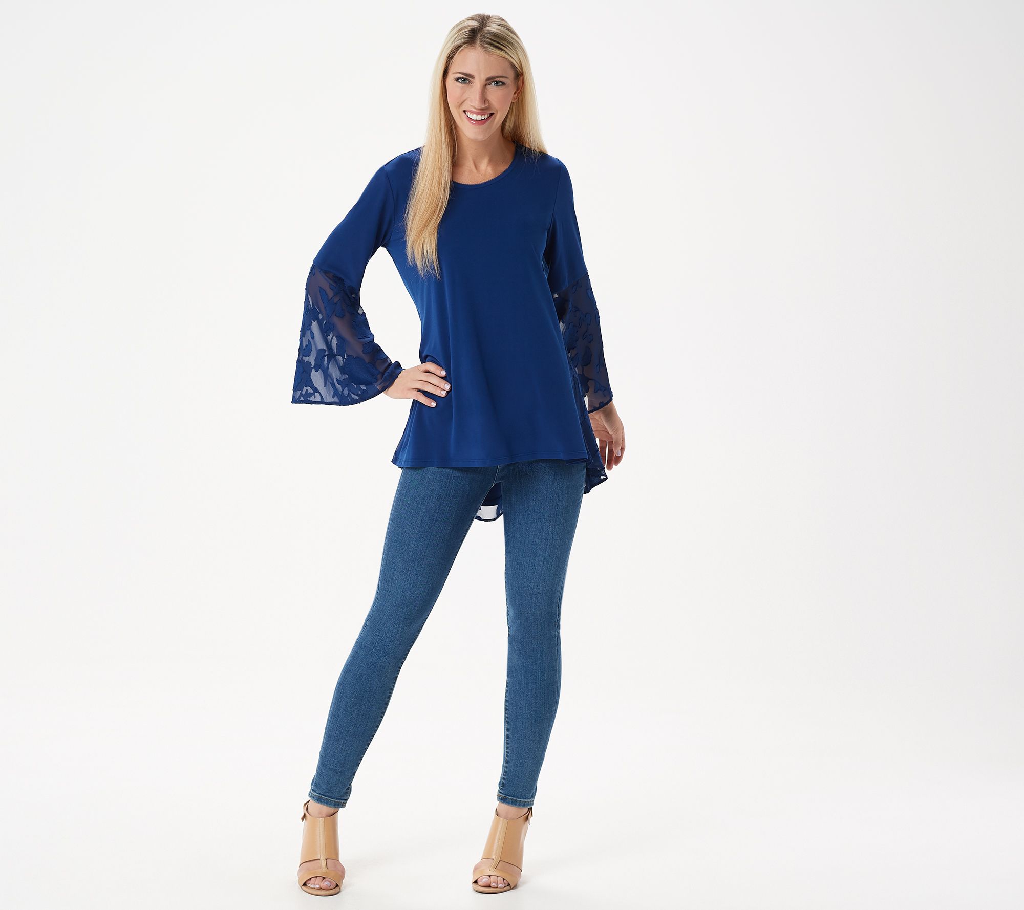 Susan Graver Liquid Knit Top w/ Clipped Jacquard Peplum and Sleeves ...
