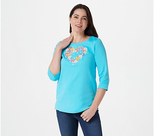 Quacker Factory Blooming Heart 3/4 Sleeve Scallop Trim T-Shirt