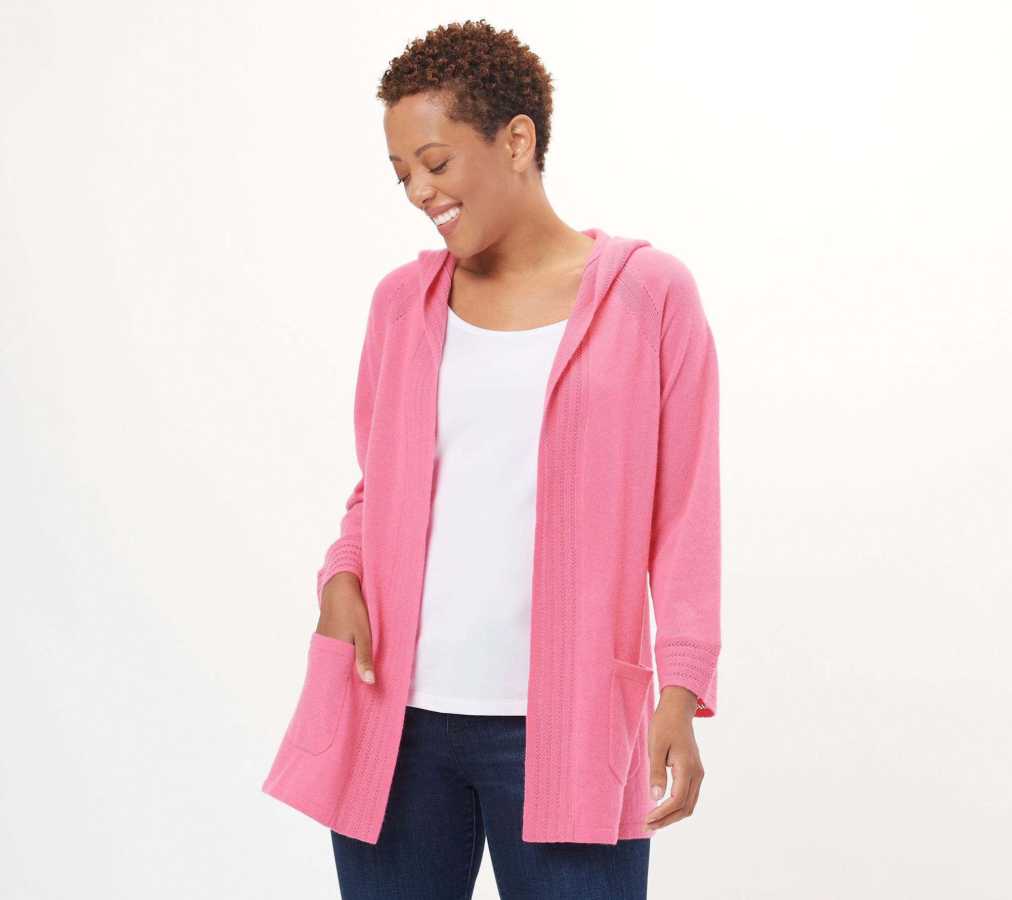 "As Is" Isaac Mizrahi Live! Cashmere Hooded Sweater Cardigan w/Trim