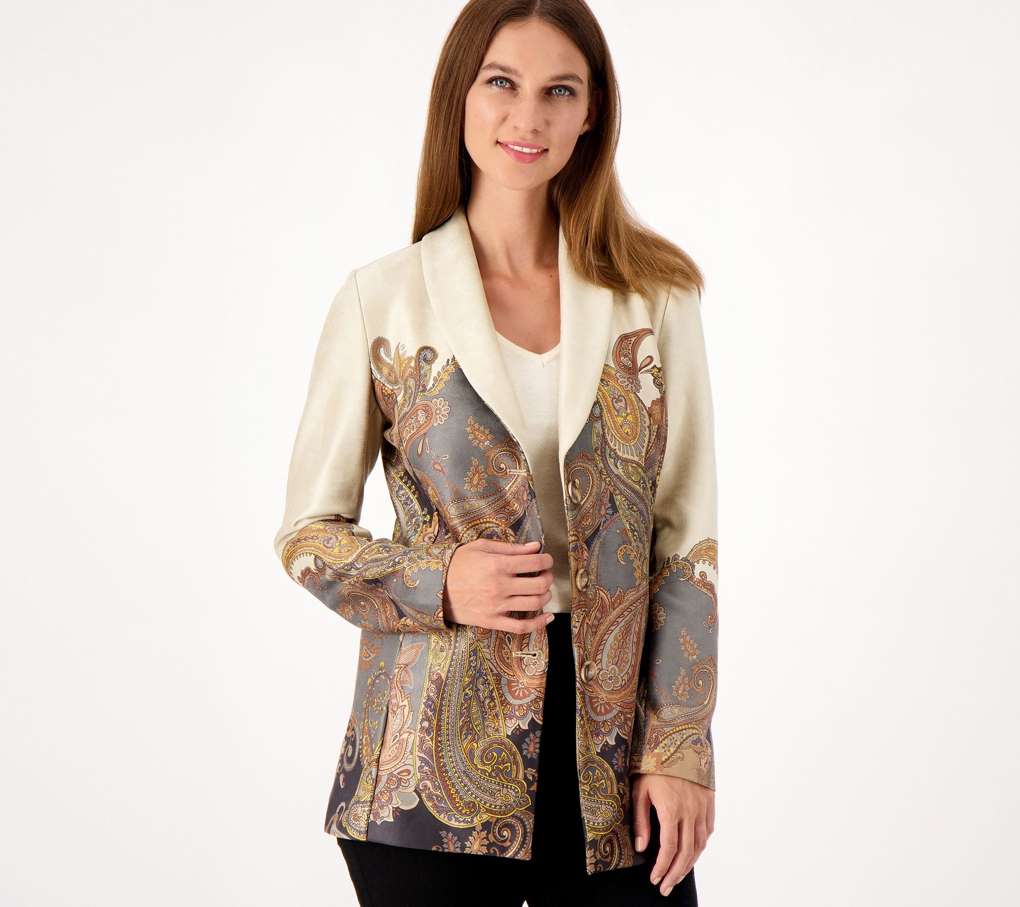 "As Is" GRAVER Susan Graver Petite Printed Suede Shawl Collar Jacket