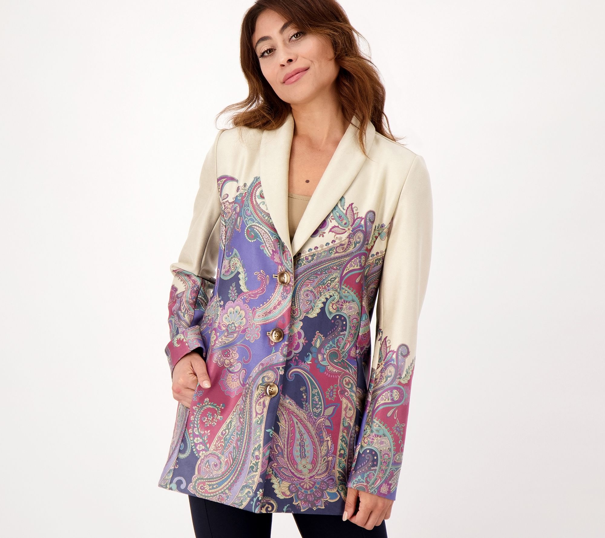 "As Is" GRAVER Susan Graver Petite Printed Suede Shawl Collar Jacket