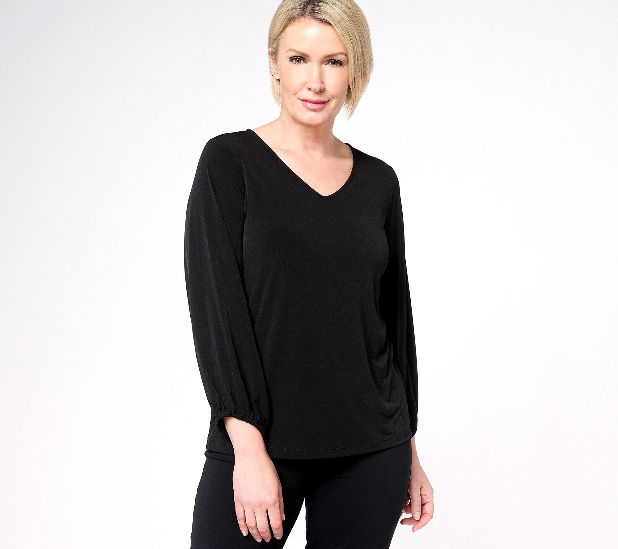 Susan Graver Liquid Knit Blouson Bracelet-Sleeve V-Neck Top