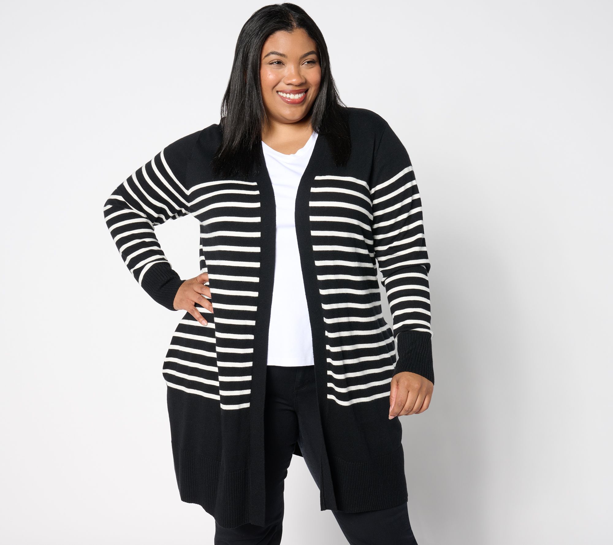 Denim & Co. Signature Striped Open Front Sweater Cardigan