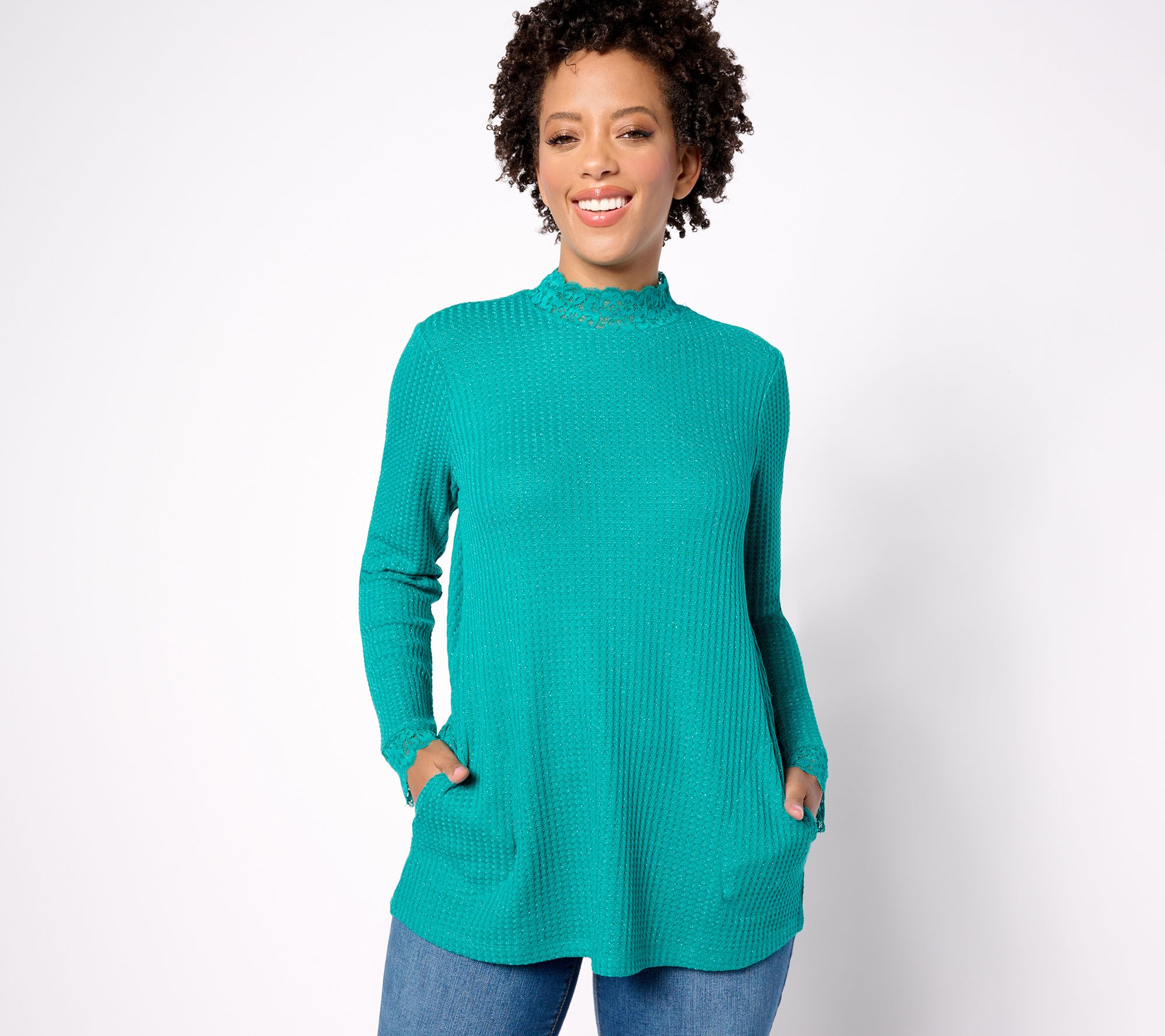 LOGO by Lori Goldstein Metallic Waffle Knit Mock Neck Top w