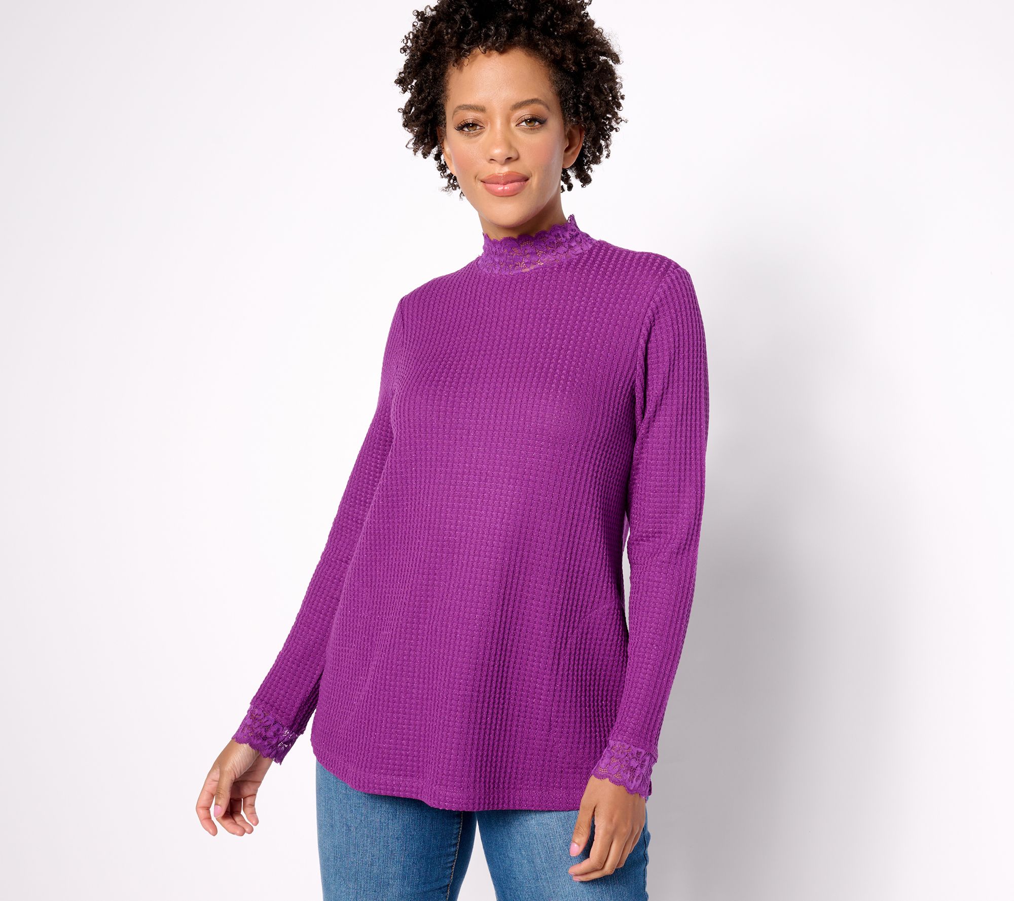 LOGO by Lori Goldstein Metallic Waffle Knit Mock Neck Top w/ Lace