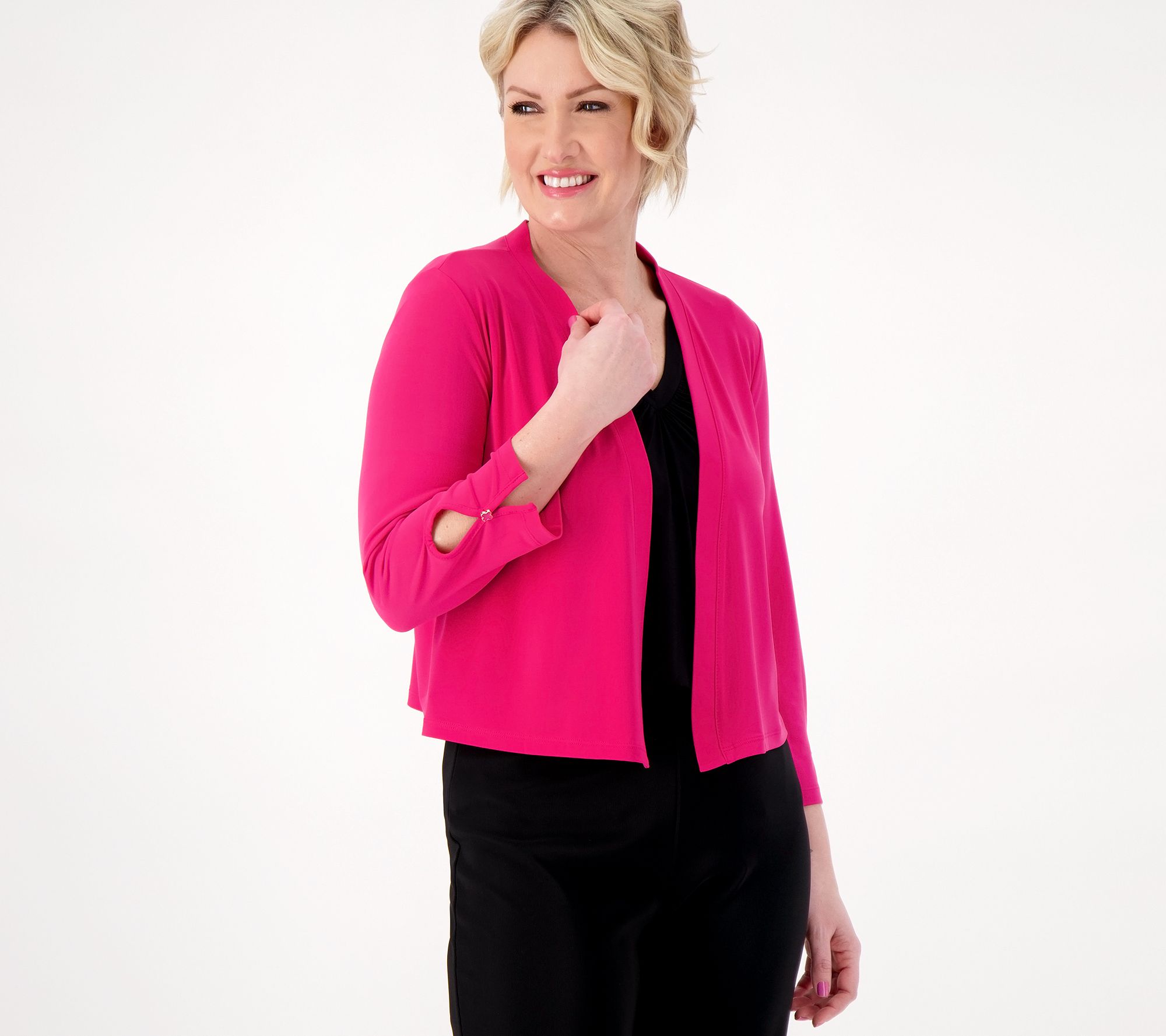 "As Is" Susan Graver Liquid Knit Open-Front 3/4 Sleeve Shrug w/Button