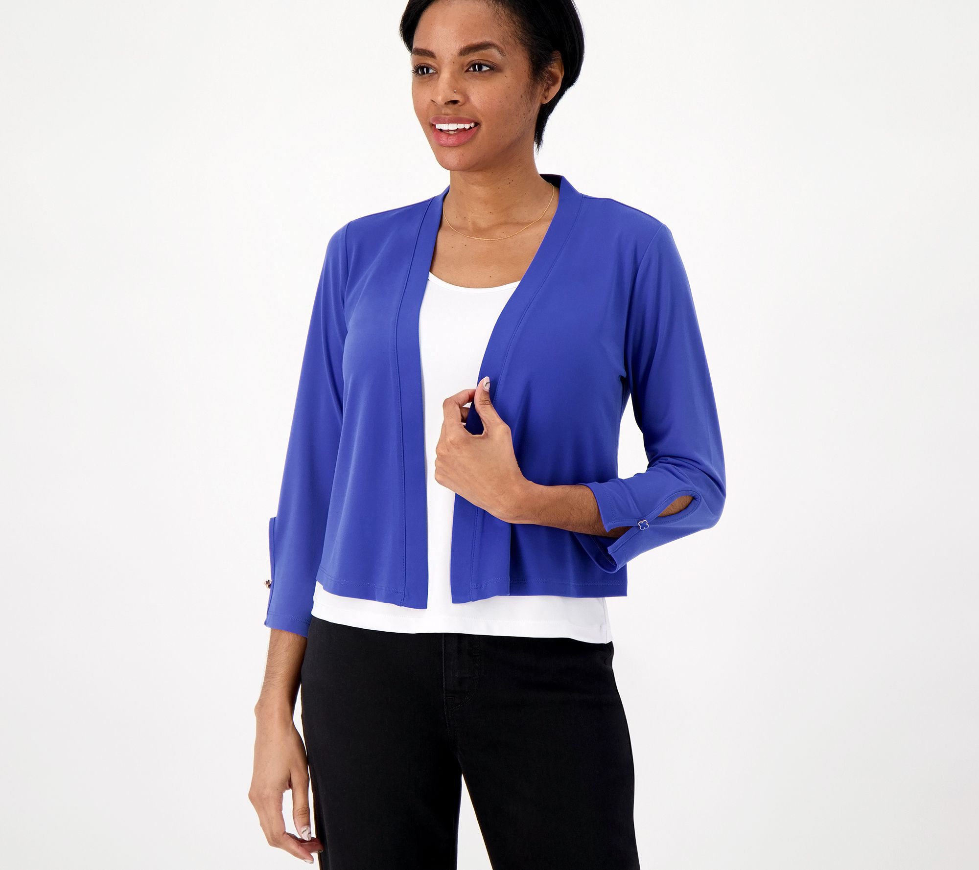 "As Is" Susan Graver Liquid Knit Open-Front 3/4 Sleeve Shrug w/Button