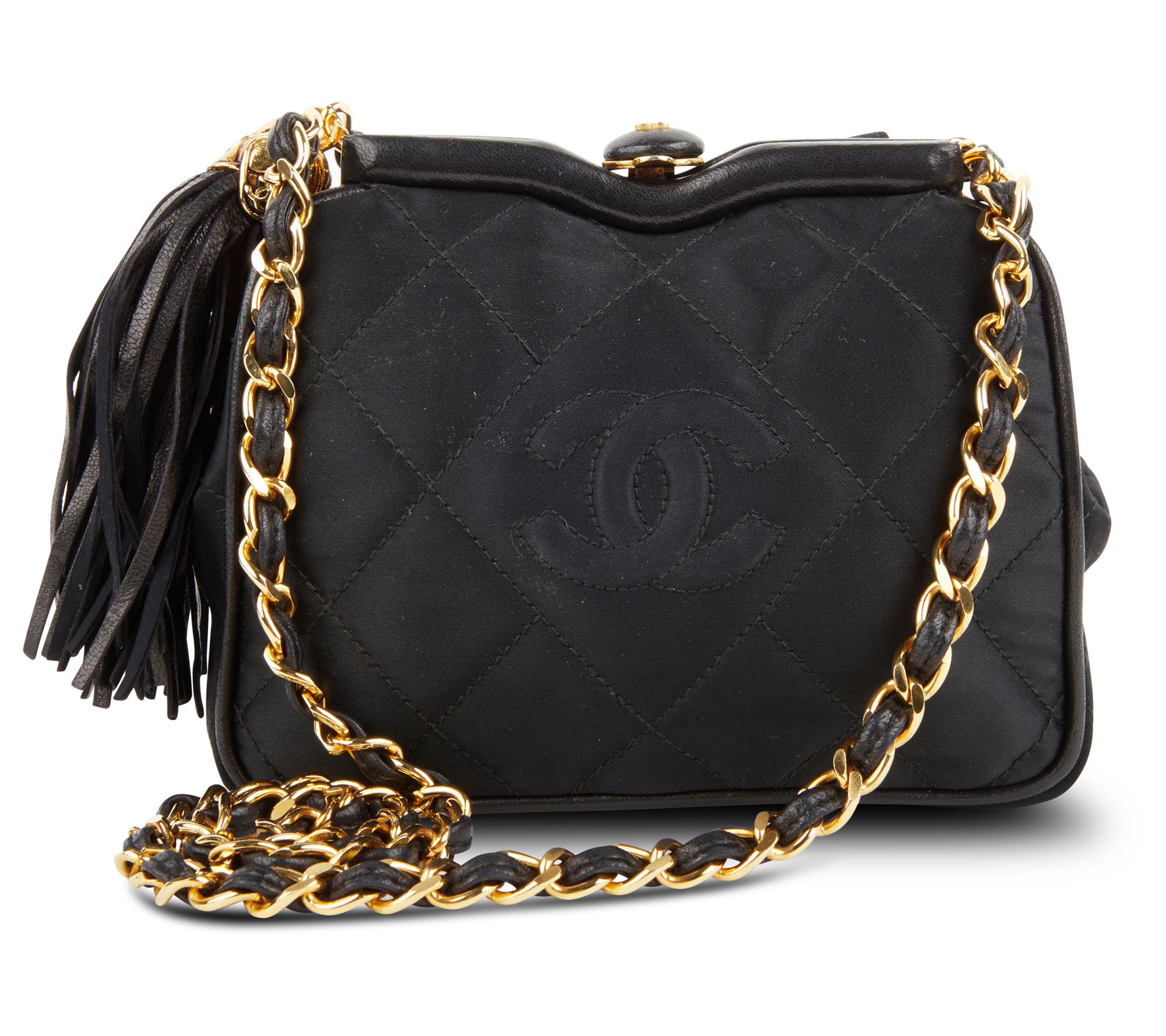 Pre-Owned Chanel Satin Kisslock Crossbody Bag Black 