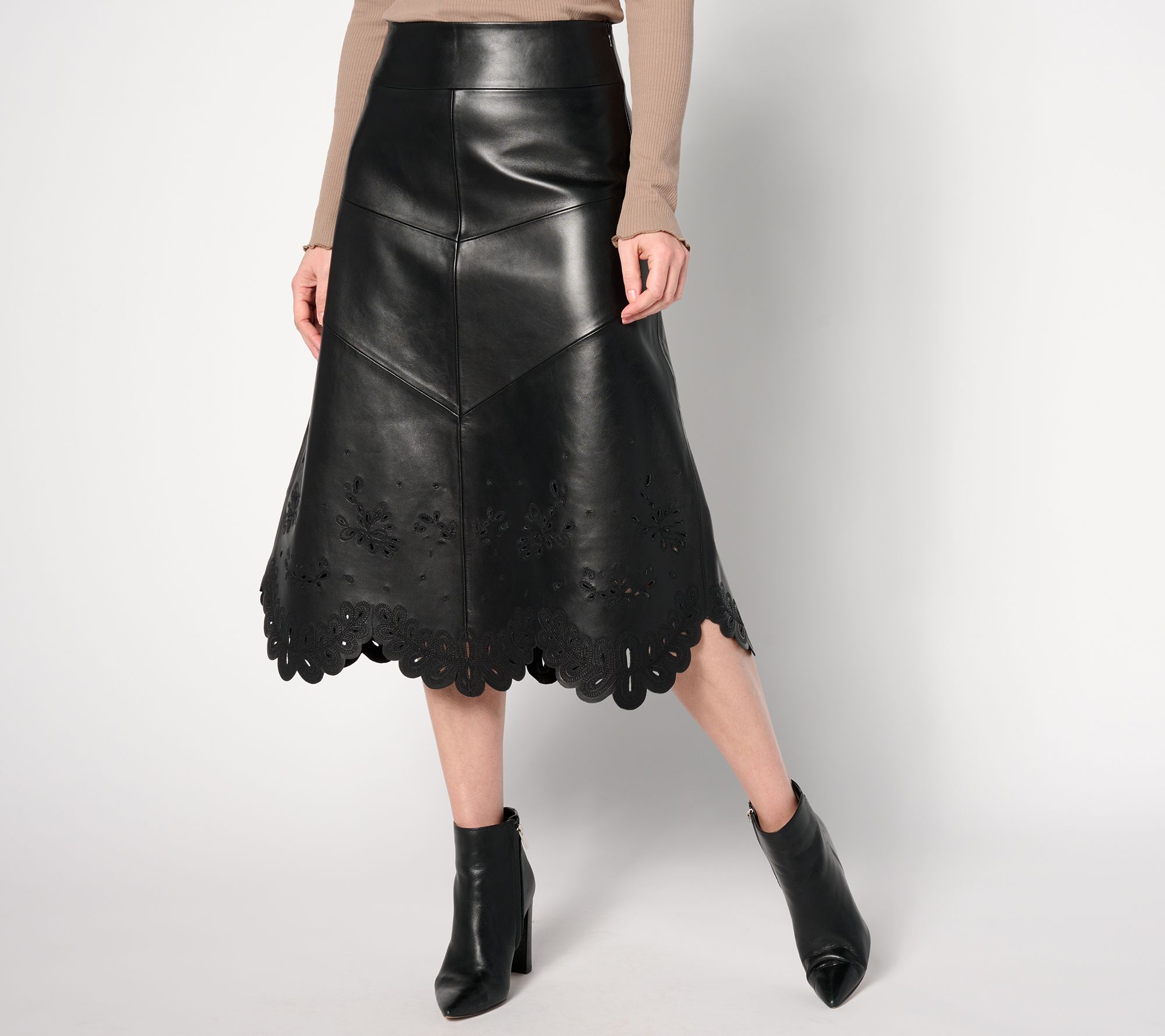 American Leather Co. Regular Leather Midi Skirt with Scalloped Hem 
