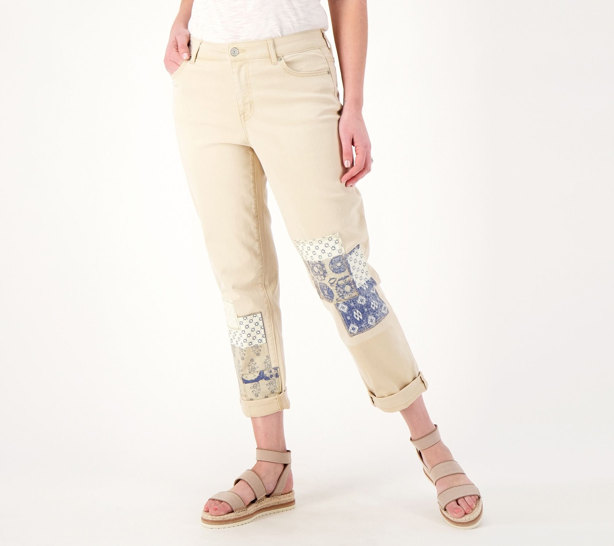 "As Is" LOGO by Lori Goldstein Tall Twill Patchwork Boyfriend Jeans