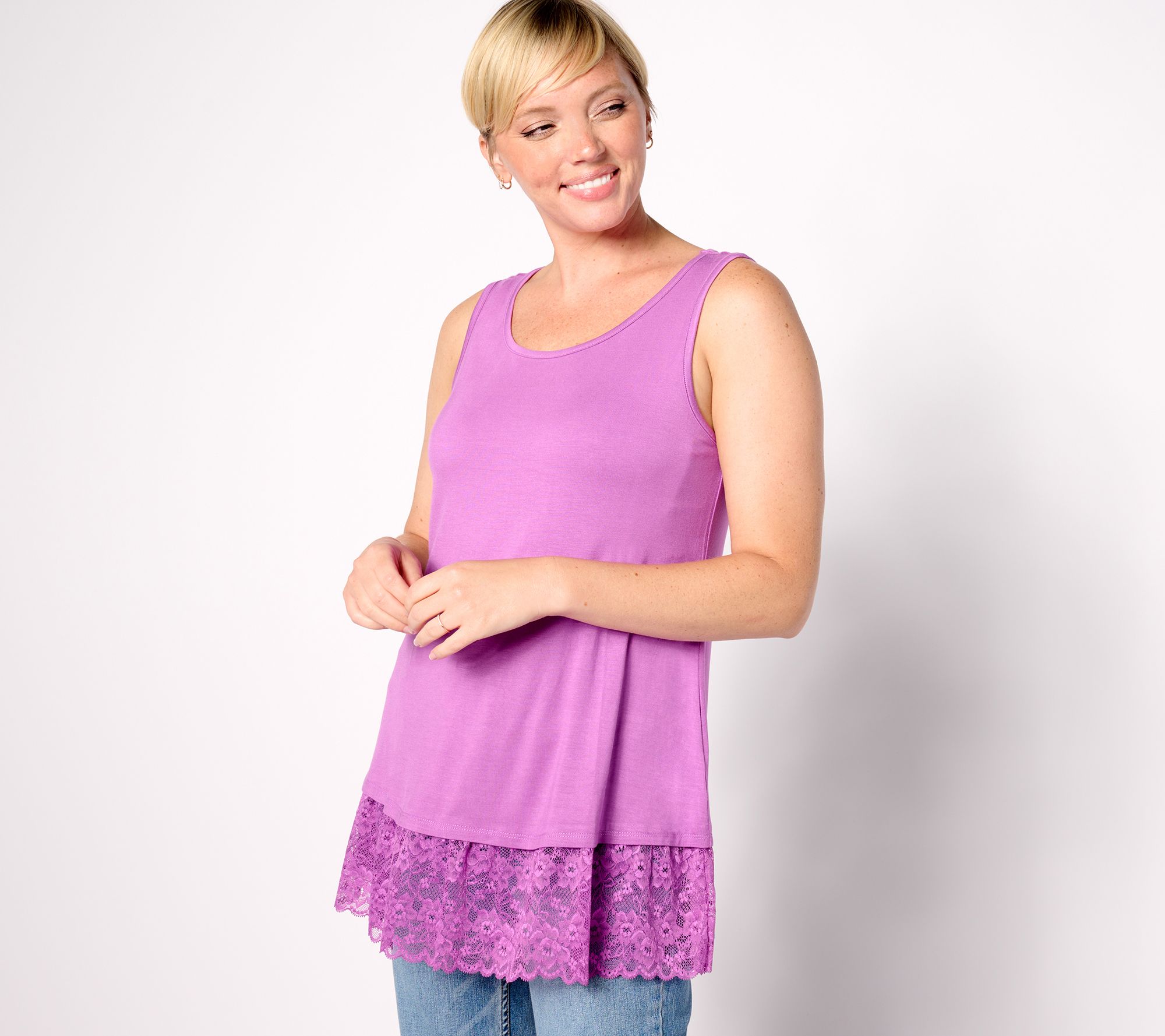 As Is LOGO Layers by Lori Goldstein Knit Tank Top w/Lace Hem
