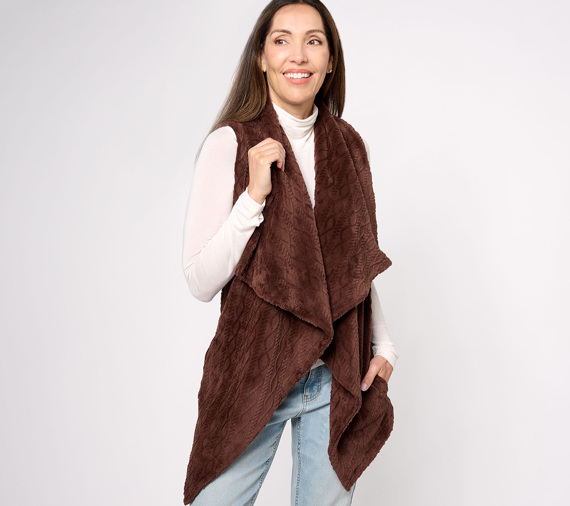 "As Is" AnyBody Drape Front Cable Plush Fleece Vest