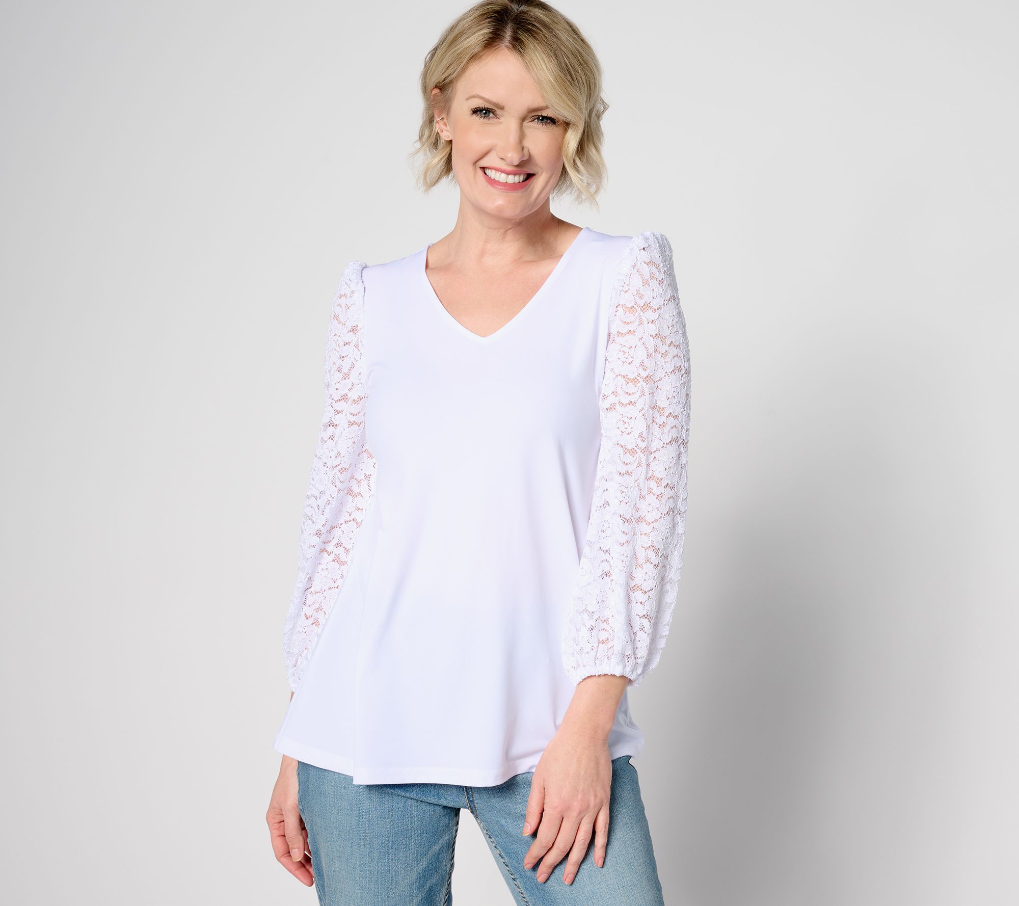 "As Is" Susan Graver Liquid Knit A-Line Top with Lace Blouson Sleeves