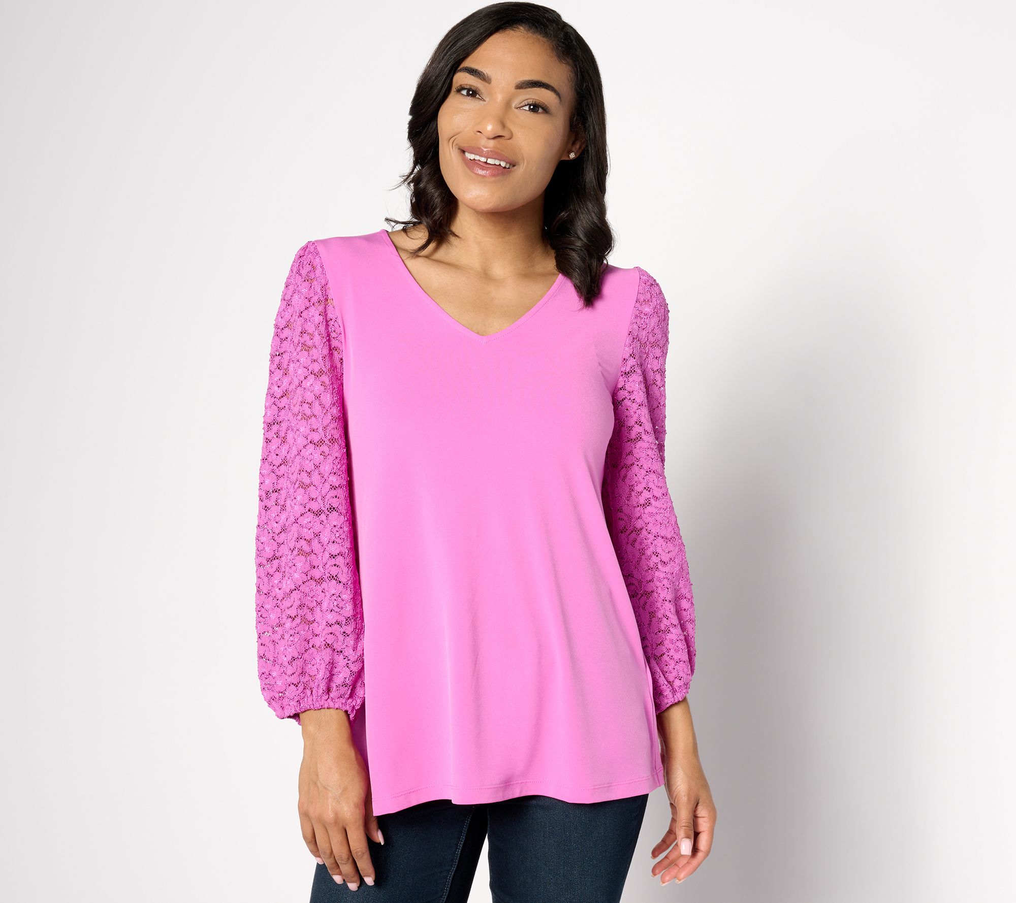 "As Is" Susan Graver Liquid Knit A-Line Top with Lace Blouson Sleeves