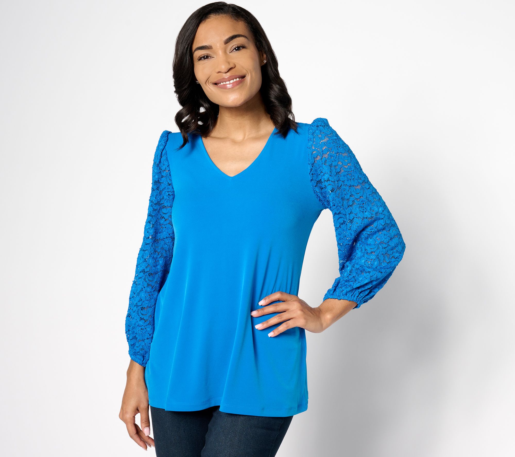 "As Is" Susan Graver Liquid Knit A-Line Top with Lace Blouson Sleeves