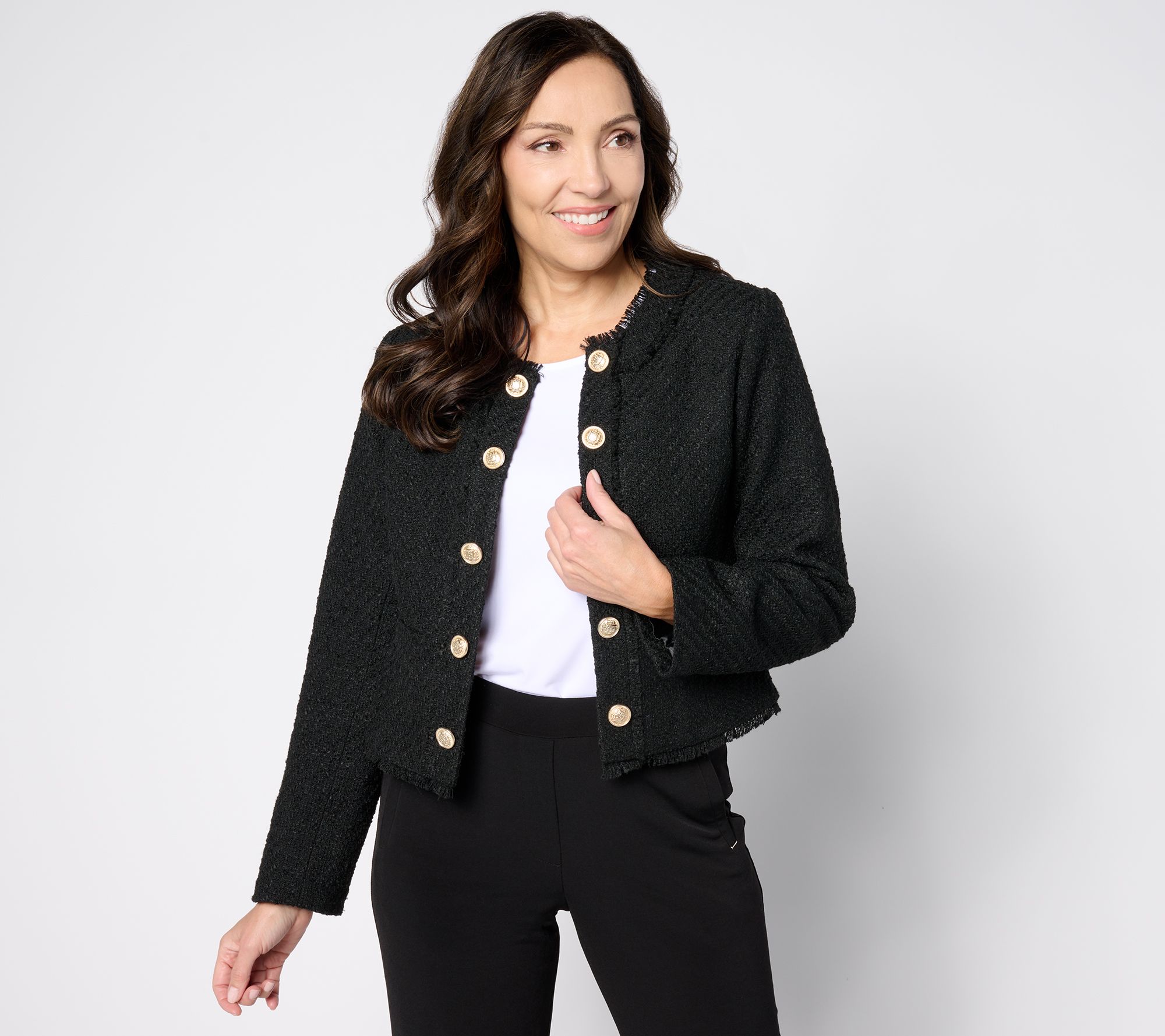 "As Is" GRAVER Susan Graver Cropped Tweed Blazer with Fringe Detail