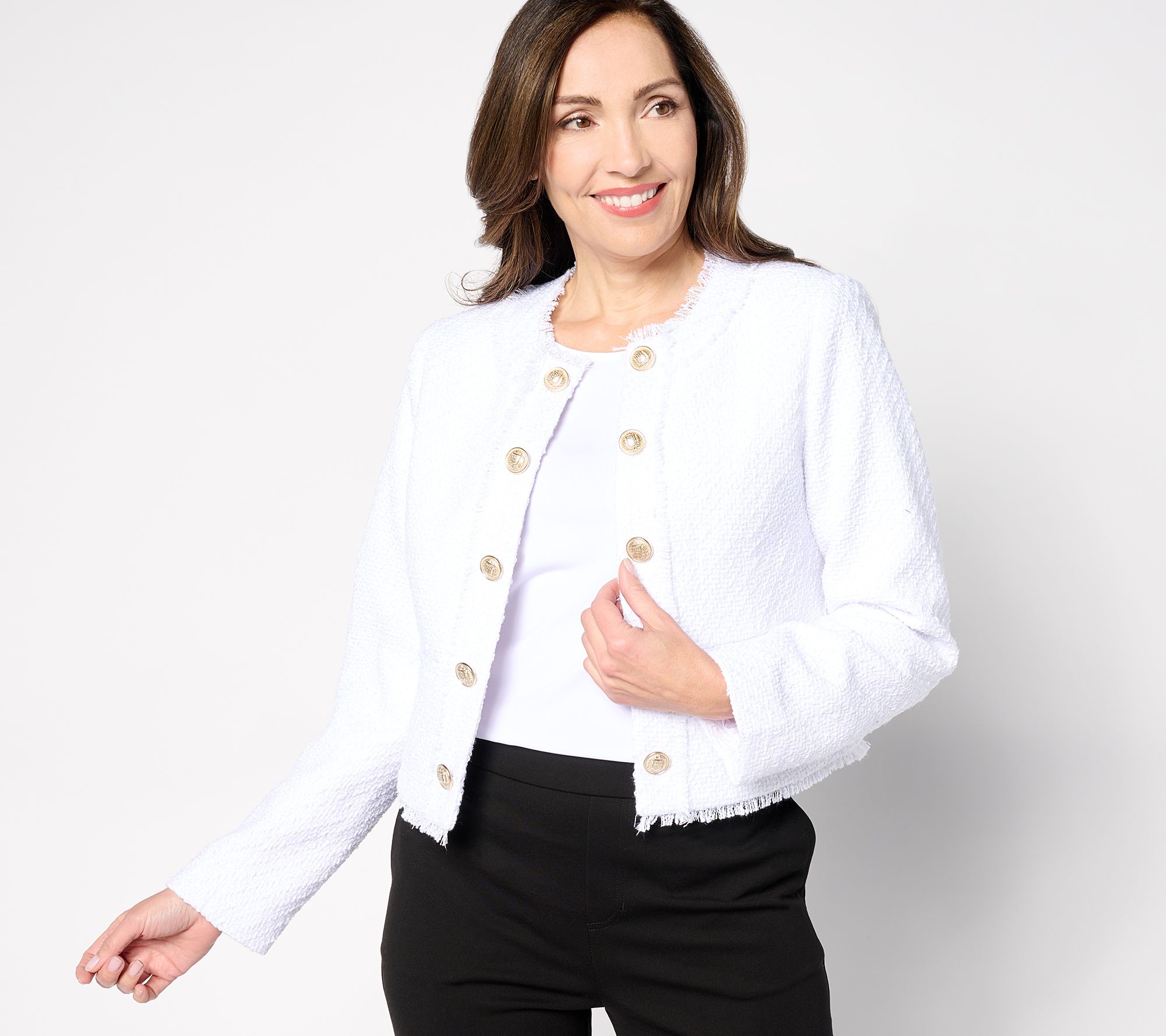 "As Is" GRAVER Susan Graver Cropped Tweed Blazer with Fringe Detail